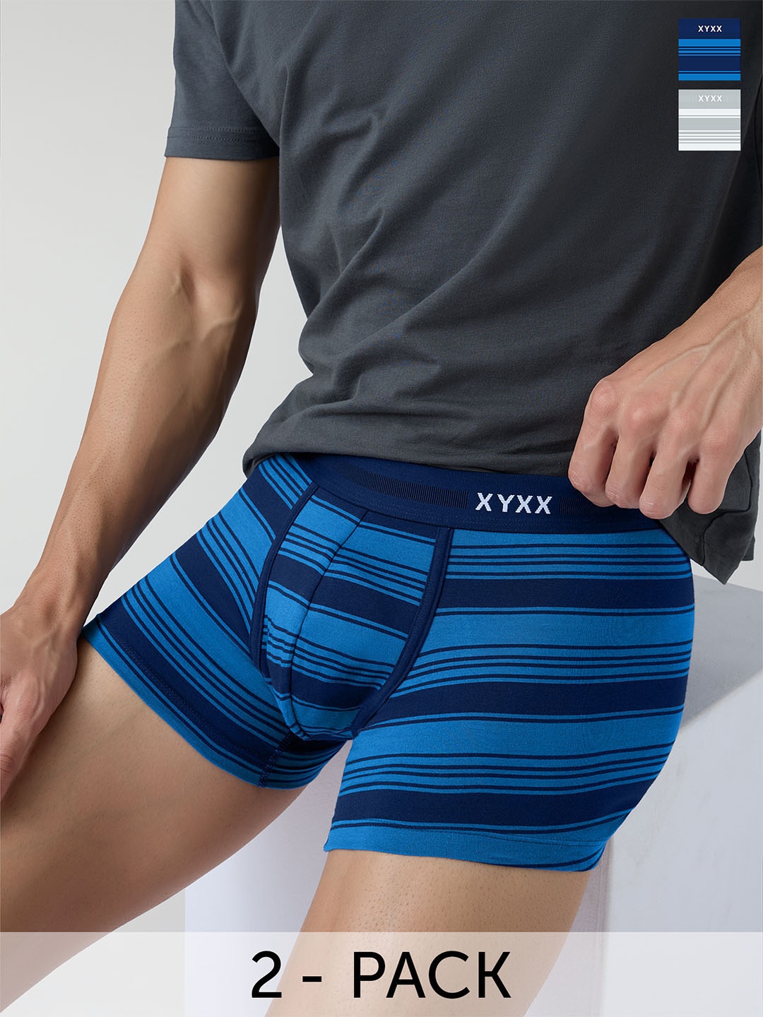 

XYXX Pack Of 2 Striped Cotton Mid-Rise TrunkXYTRNK2PCKN577, Blue