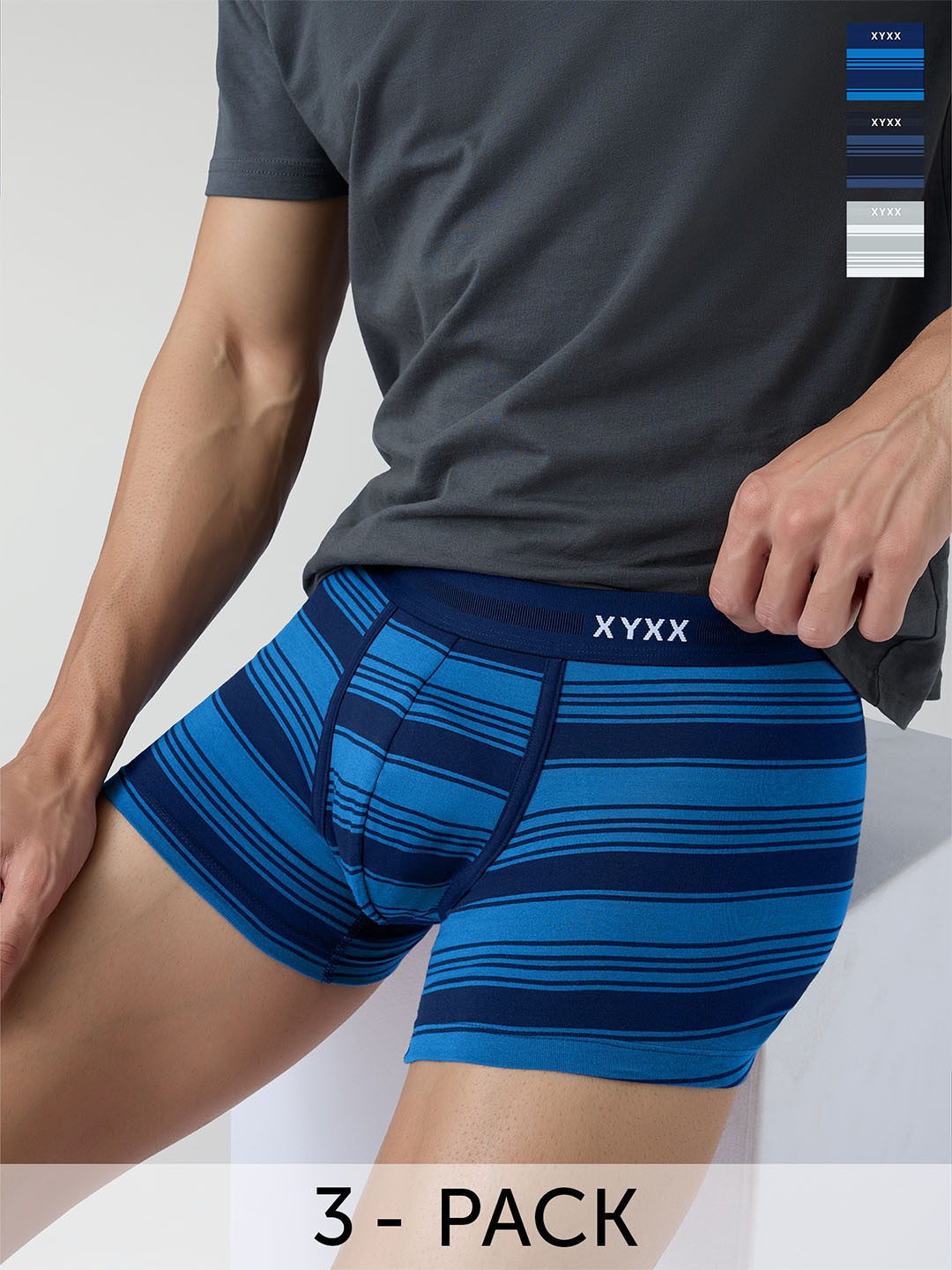 

XYXX Pack Of 3 Striped Cotton Mid-Rise Trunk XYTRNK3PCKN844, Blue