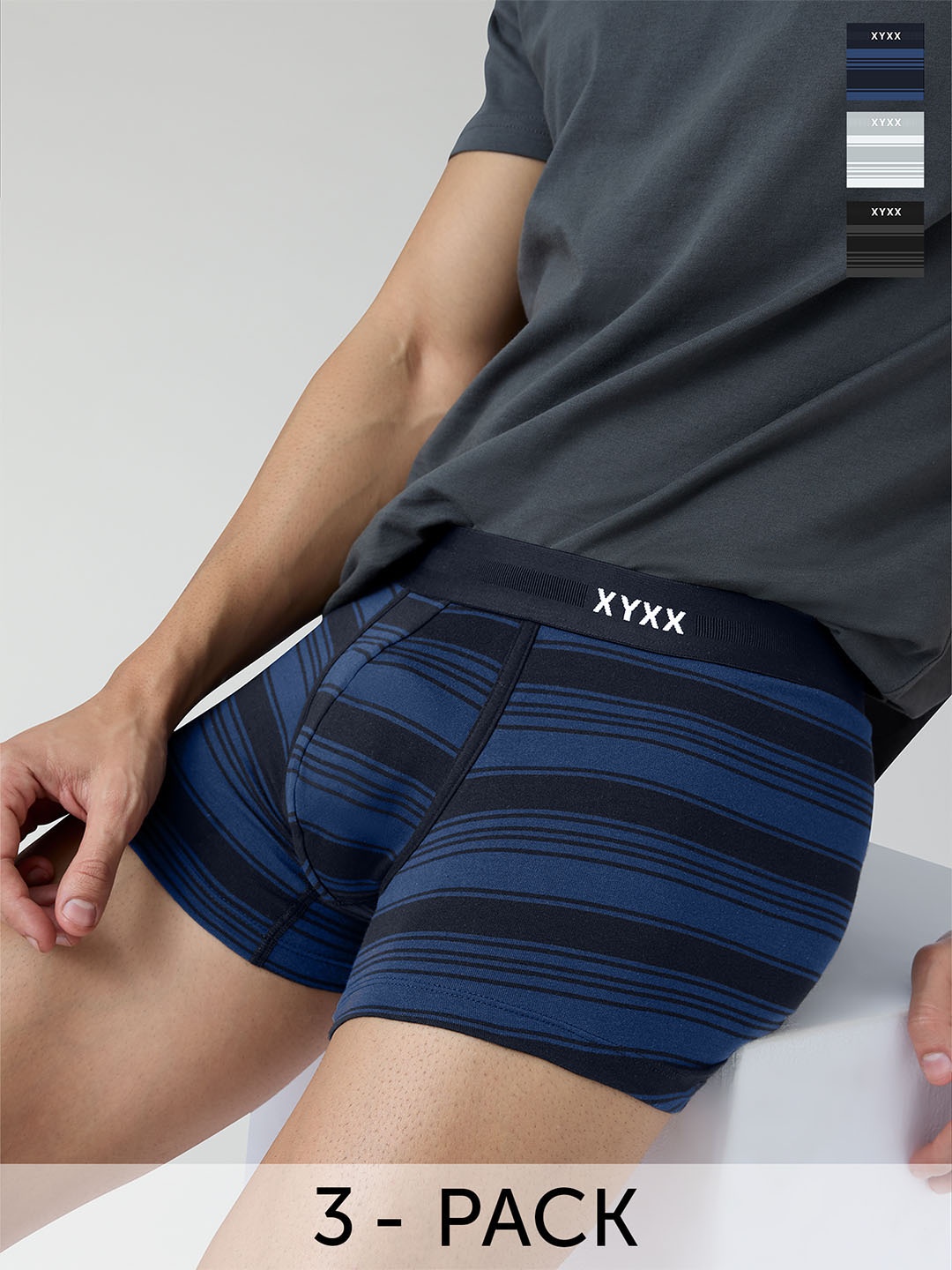 XYXX Pack Of 3 Striped Cotton Trunks XYTRNK3PCKN833, Navy blue