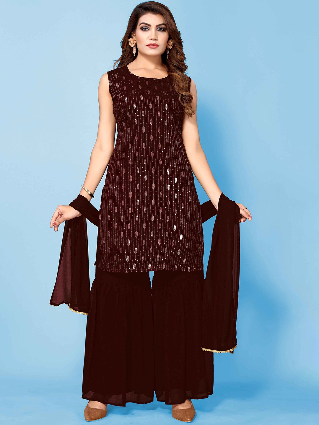 

Happy Design Embroidered Regular Sequinned Kurti With Sharara & Dupatta, Maroon