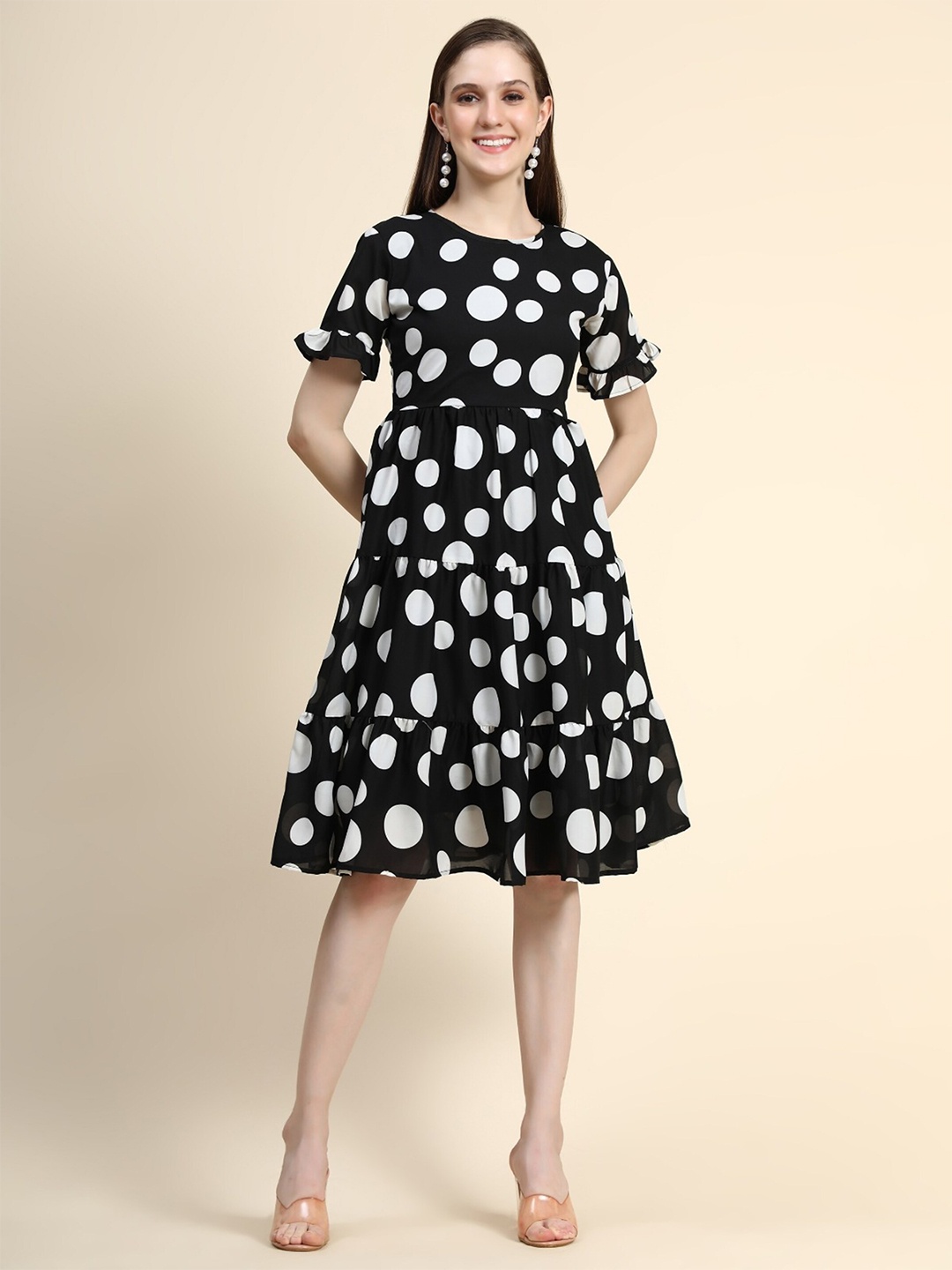 

UDBHAV TEXTILE Geometric Printed Flared Tiered Fit & Flare Dress, Black