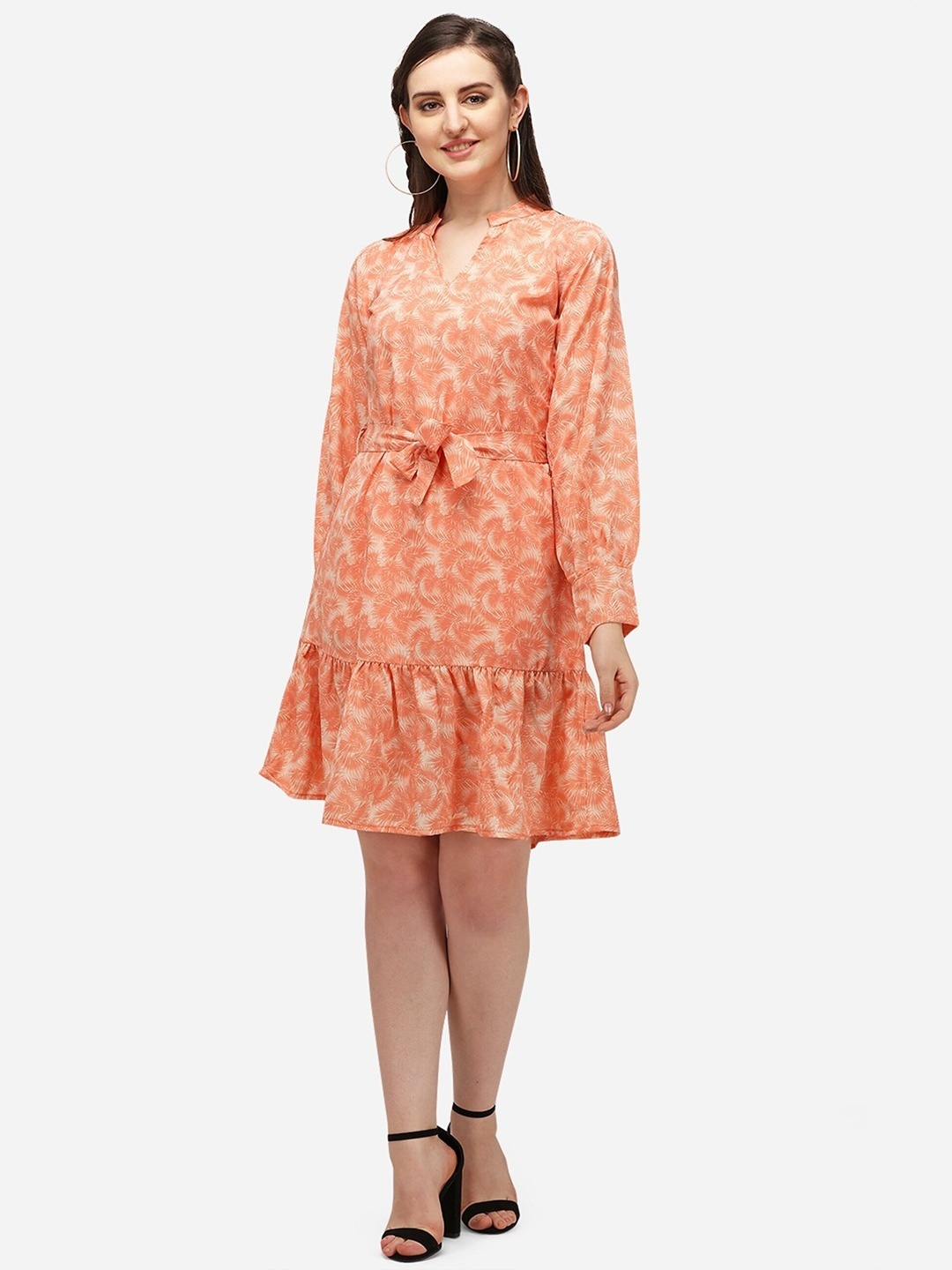 

UDBHAV TEXTILE Abstract Printed Cuff Sleeve Georgette Fit & Flare Dress, Rust
