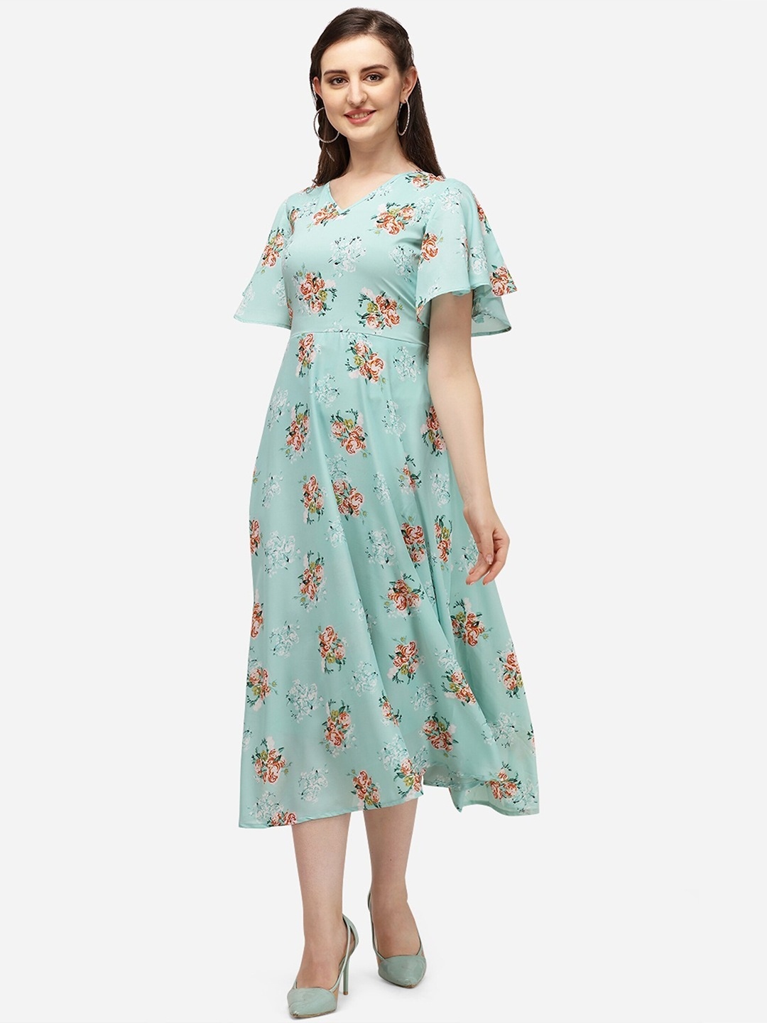 

UDBHAV TEXTILE Floral Printed Flared Sleeve Georgette Fit & Flare Midi Dress, Turquoise blue