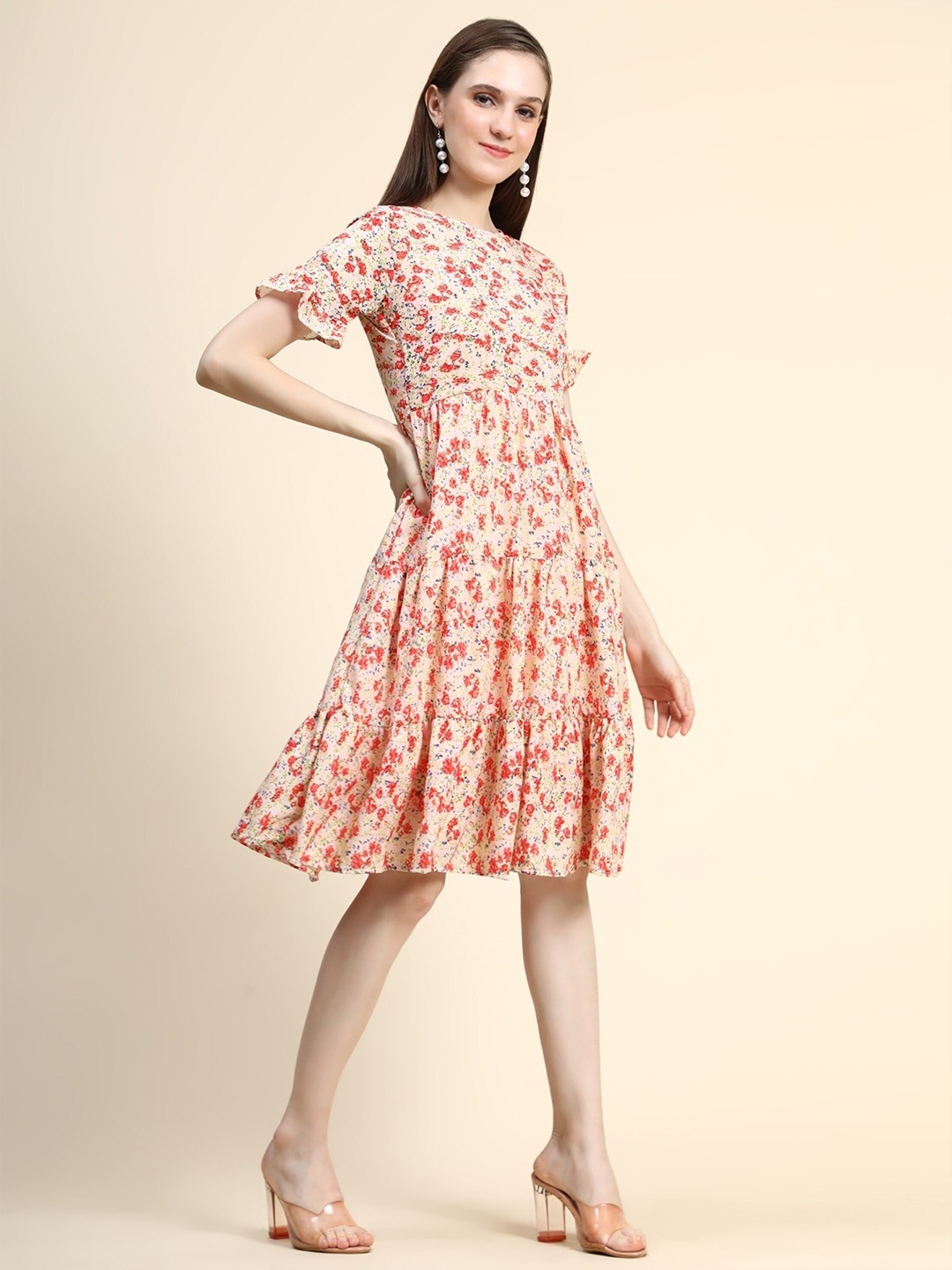 

UDBHAV TEXTILE Floral Printed Georgette Fit & Flare Dress, Peach