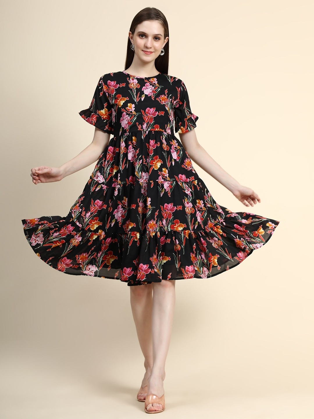 

UDBHAV TEXTILE Floral Printed Round Neck Bell Sleeve Georgette Fit & Flare Dress, Black
