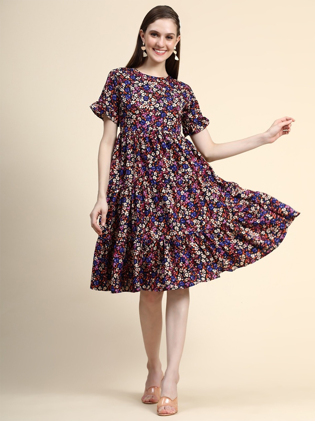 

UDBHAV TEXTILE Floral Printed Flared Sleeve Georgette Fit & Flare Dress, Maroon