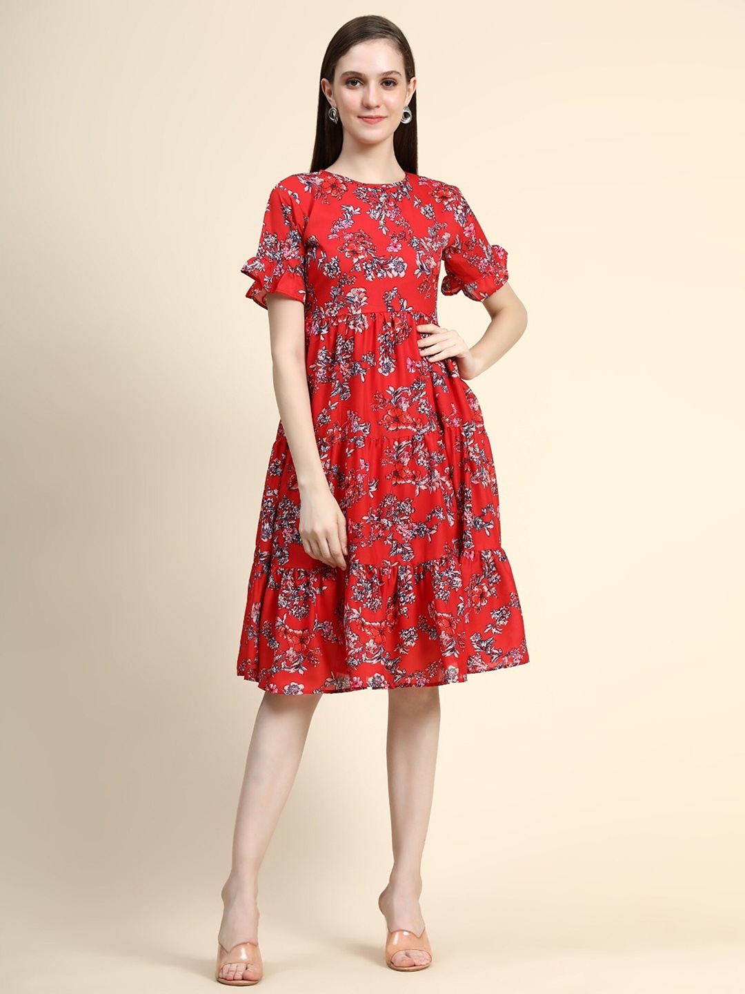 

UDBHAV TEXTILE Floral Printed Flared Sleeve Georgette Fit & Flare Dress, Red