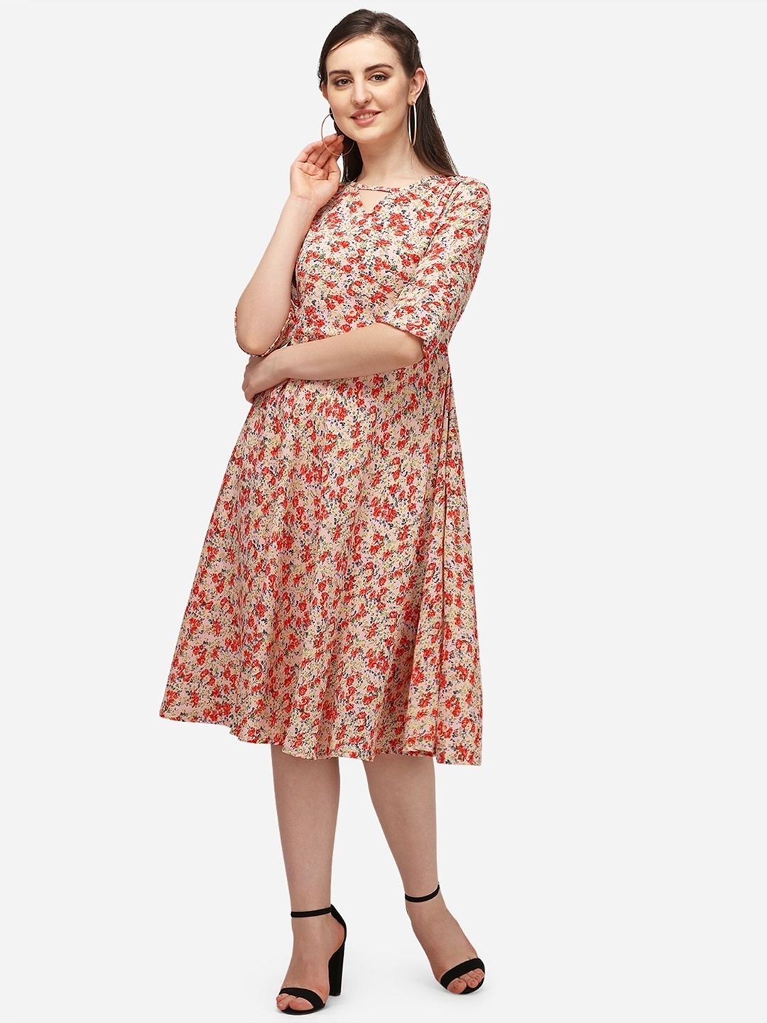 

UDBHAV TEXTILE Floral Printed Keyhole Neck Georgette Knee Length Fit & Flare Dress, Peach