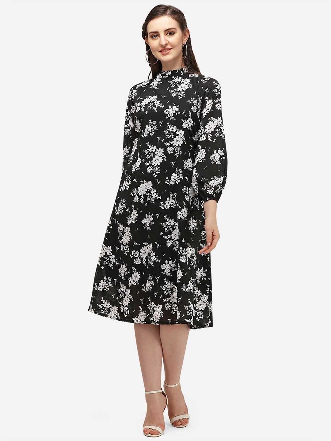 

UDBHAV TEXTILE Floral Printed Puff Sleeves A-Line Midi Dress, Black