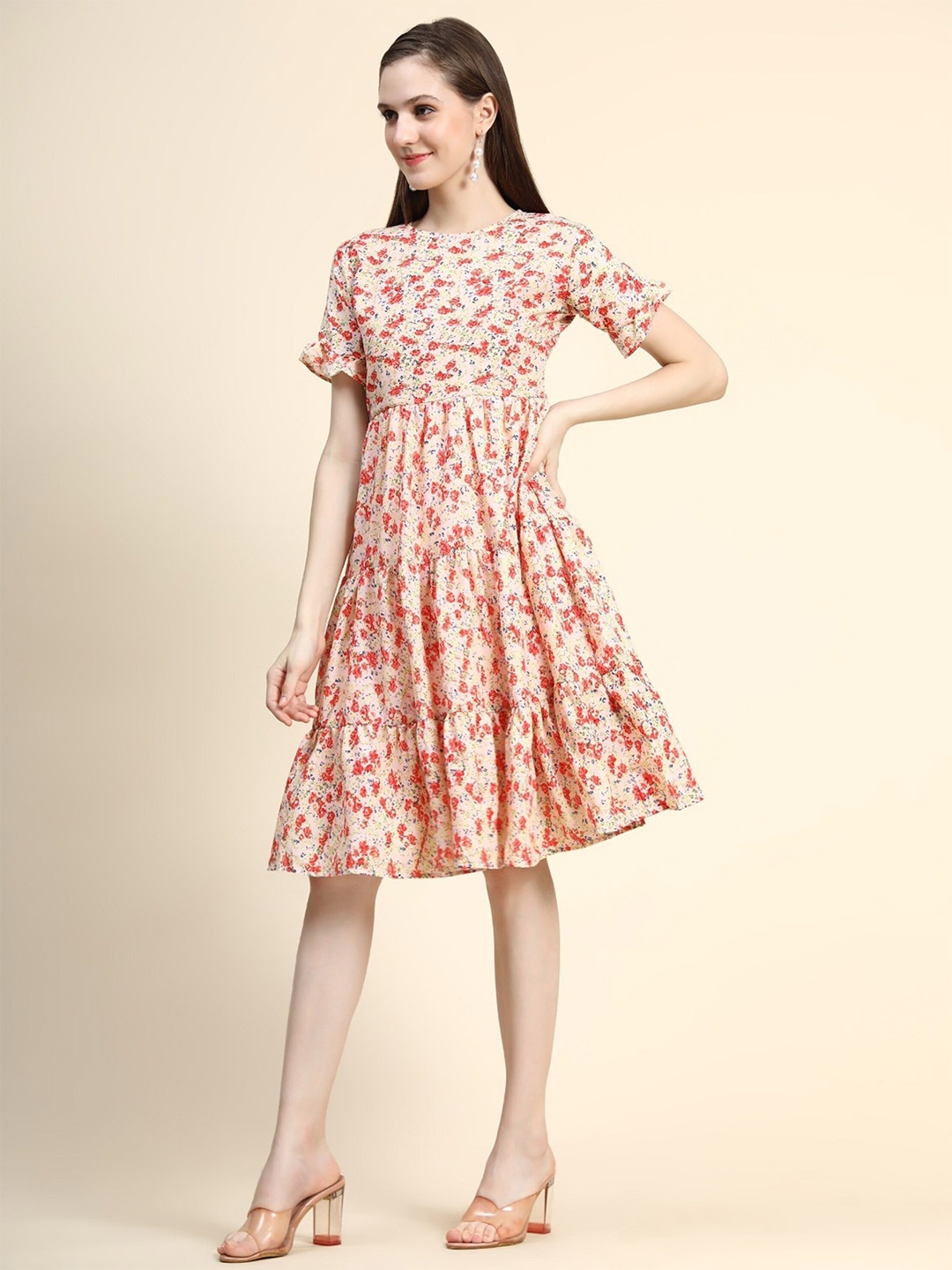 

UDBHAV TEXTILE Floral Printed Tiered Gather Detail Fit & Flare Dress, Peach
