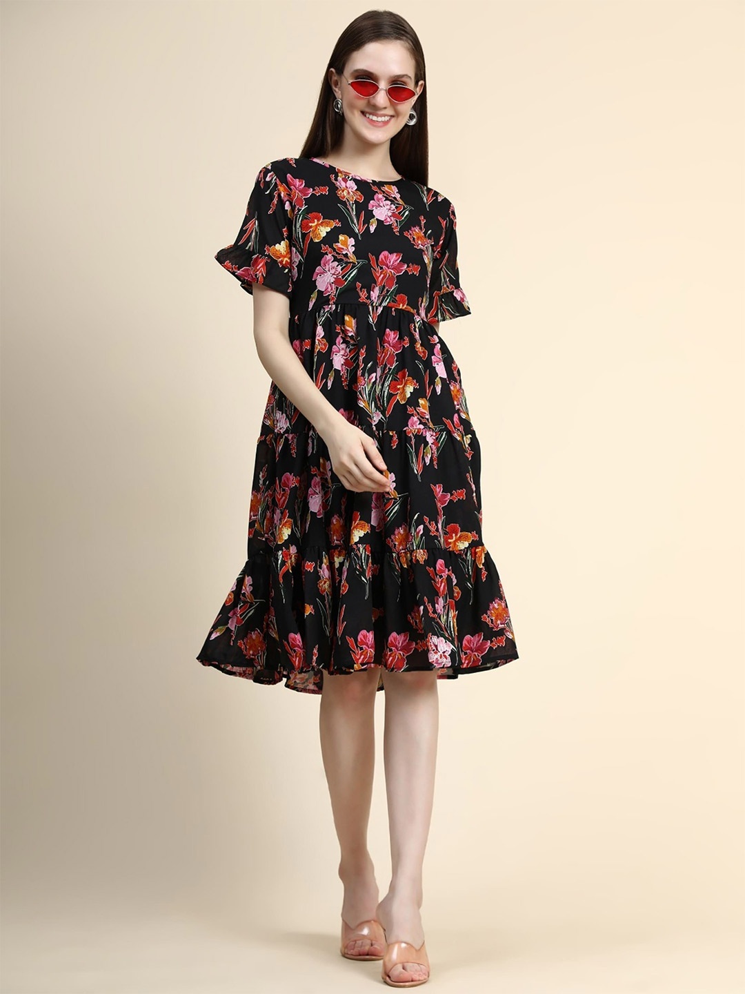 

UDBHAV TEXTILE Floral Printed Tiered Gather Detail Fit & Flare Dress, Black
