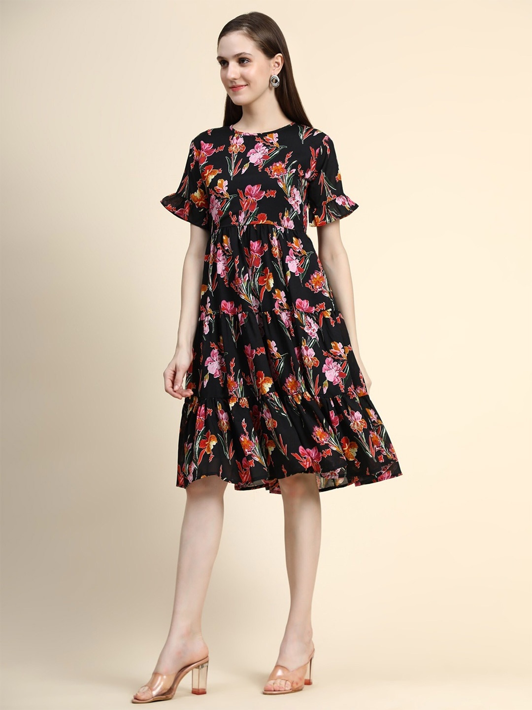 

UDBHAV TEXTILE Floral Printed Tiered Gather Detail Fit & Flare Dress, Black