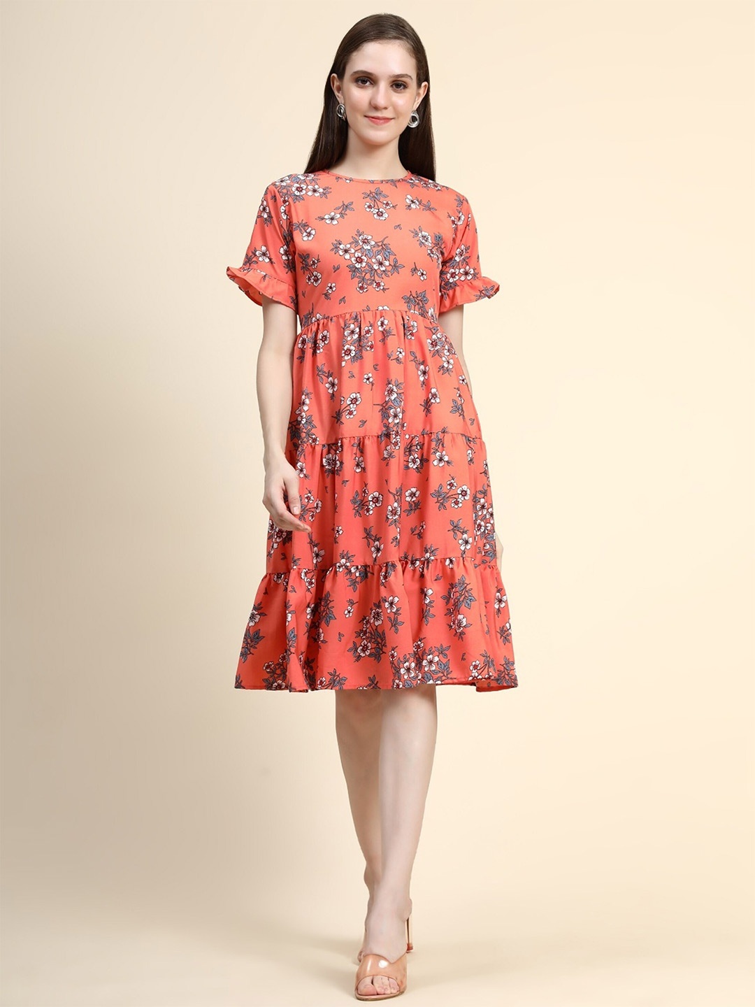 

UDBHAV TEXTILE Floral Printed Tiered Gather Detail Fit & Flare Dress, Orange