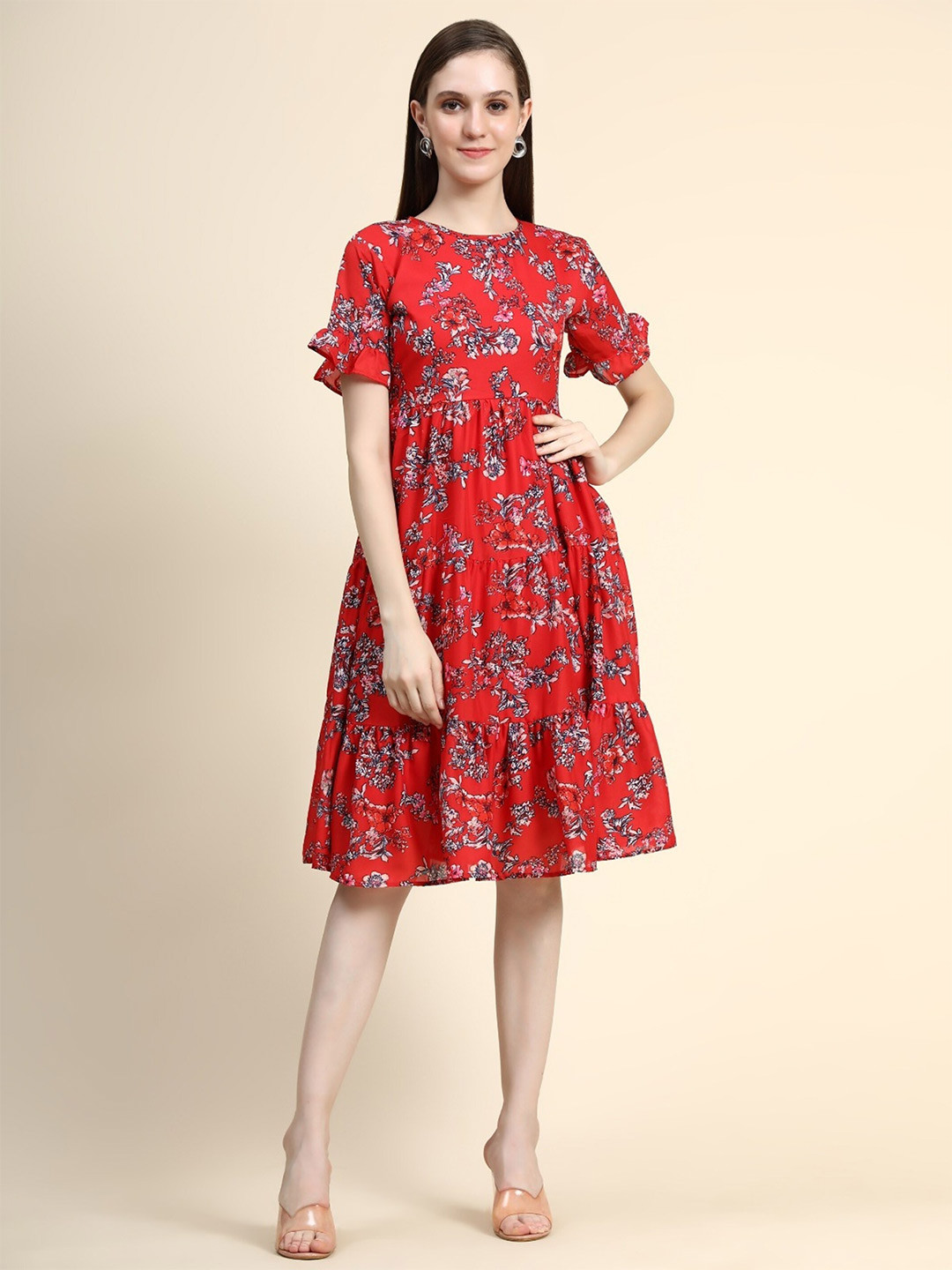 

UDBHAV TEXTILE Floral Printed Tiered Gather Detail Fit & Flare Dress, Red