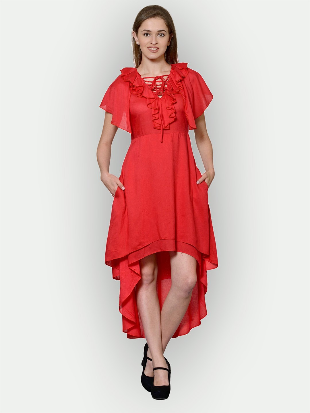 

PATRORNA Tie-Up Neck Flutter Sleeves High-Low Fit & Flare Dress, Red