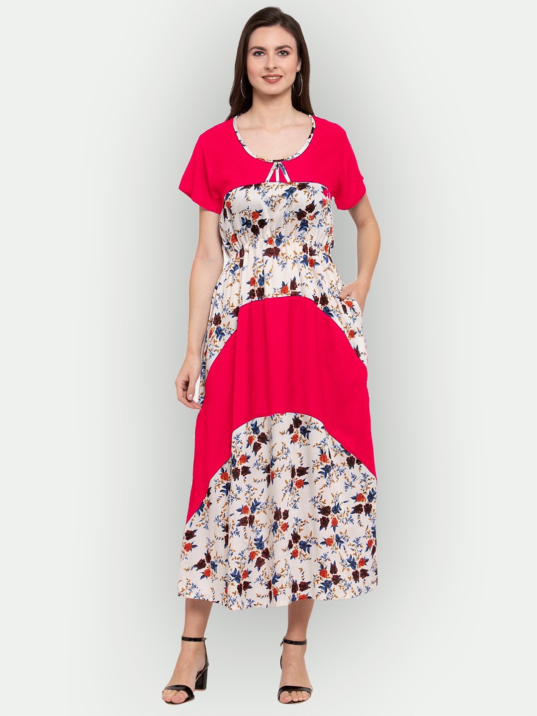 

PATRORNA Floral Printed Pure Cotton A-Line Midi Dress, Pink