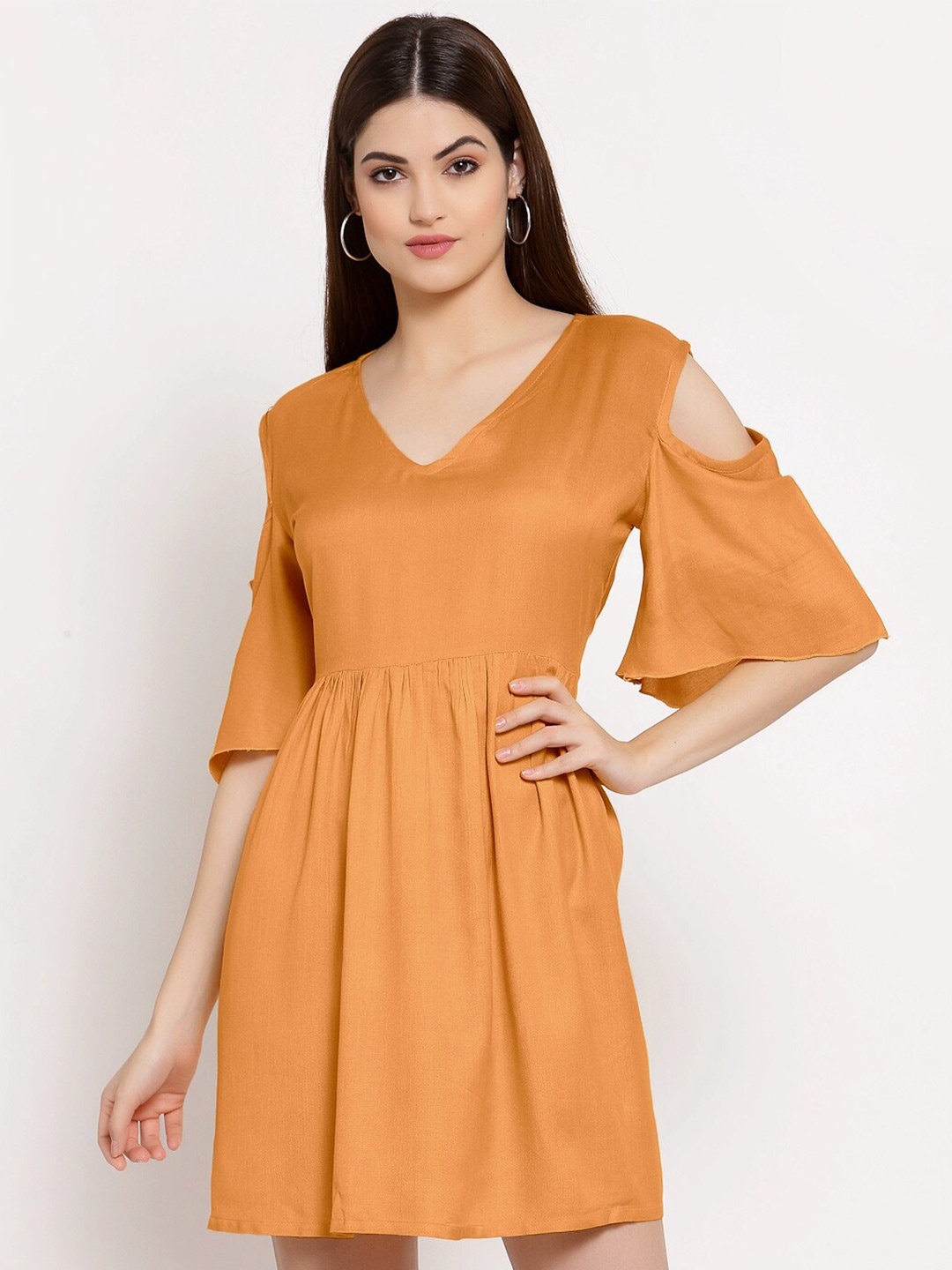

PATRORNA Cold-Shoulder Cotton Fit & Flare Dress, Mustard