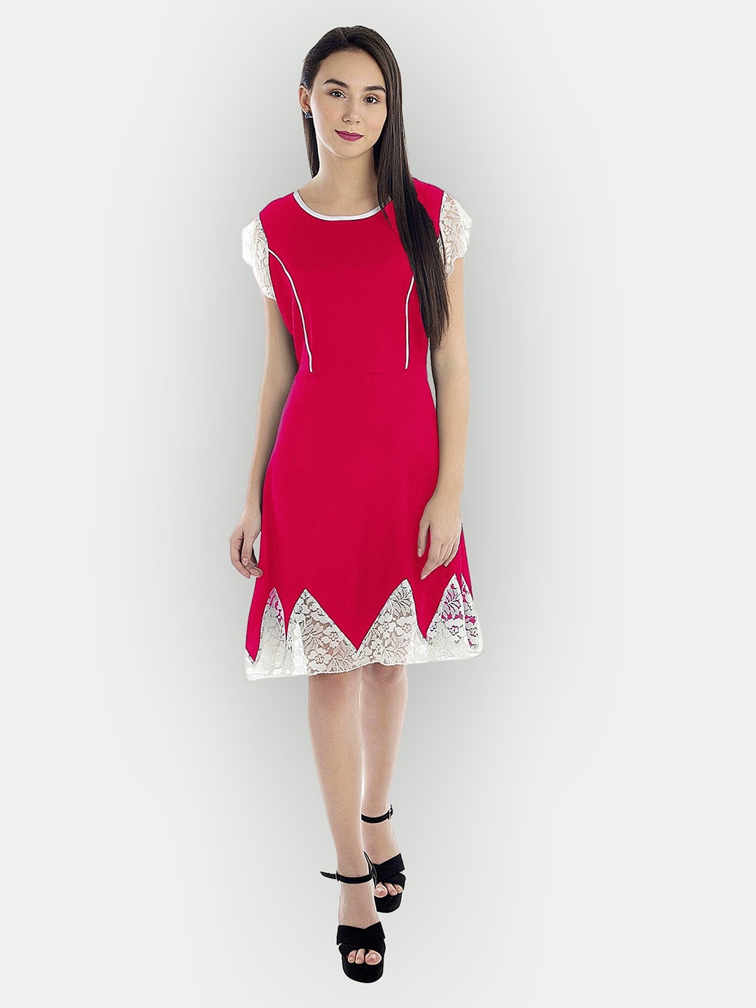 

PATRORNA Lace Insert Detailed Cap Sleeve Round Neck Fit & Flare Dress, Pink