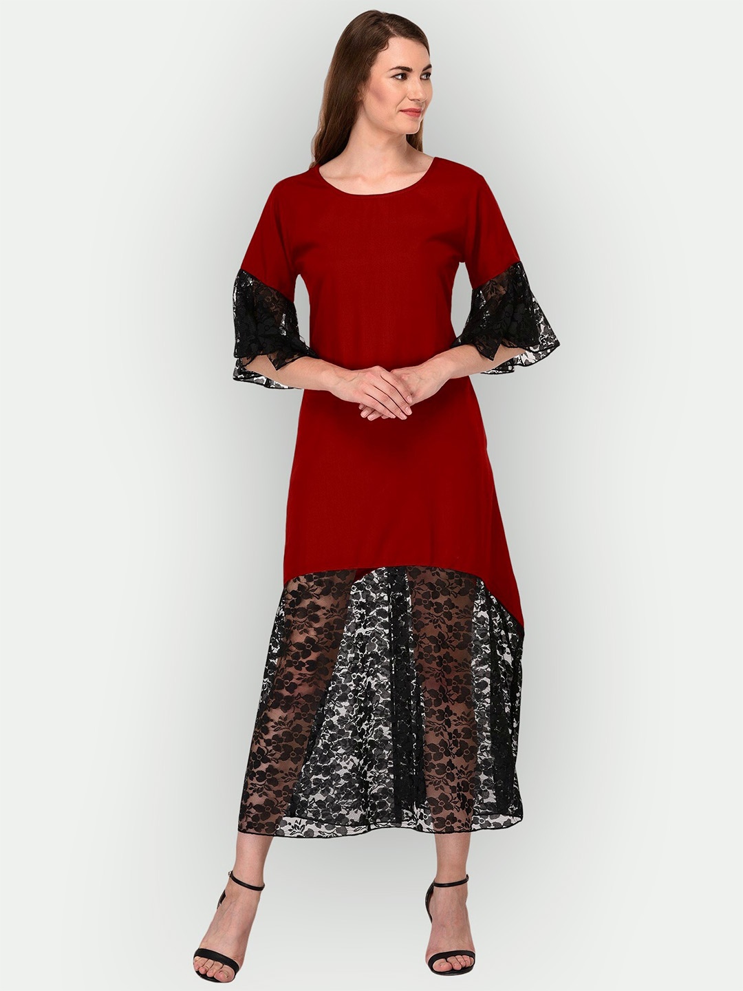 

PATRORNA Bell Sleeves Pure Cotton A-Line Midi Dress, Maroon