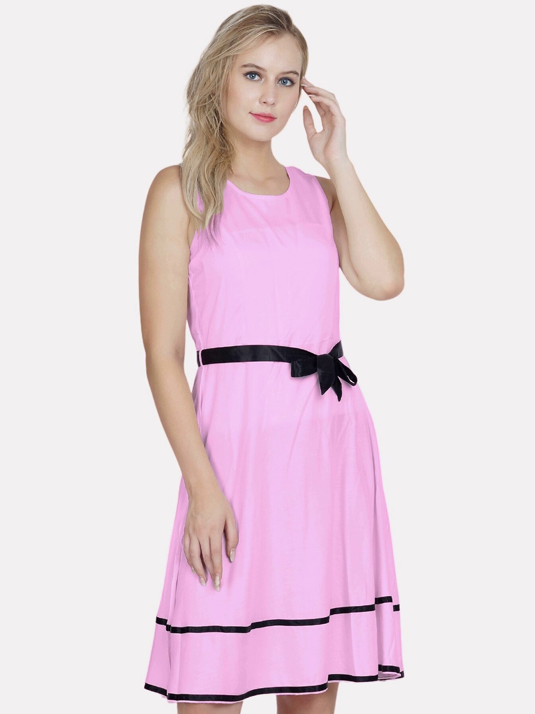 

PATRORNA Round Neck Sleeveless Fit & Flare Dress, Pink