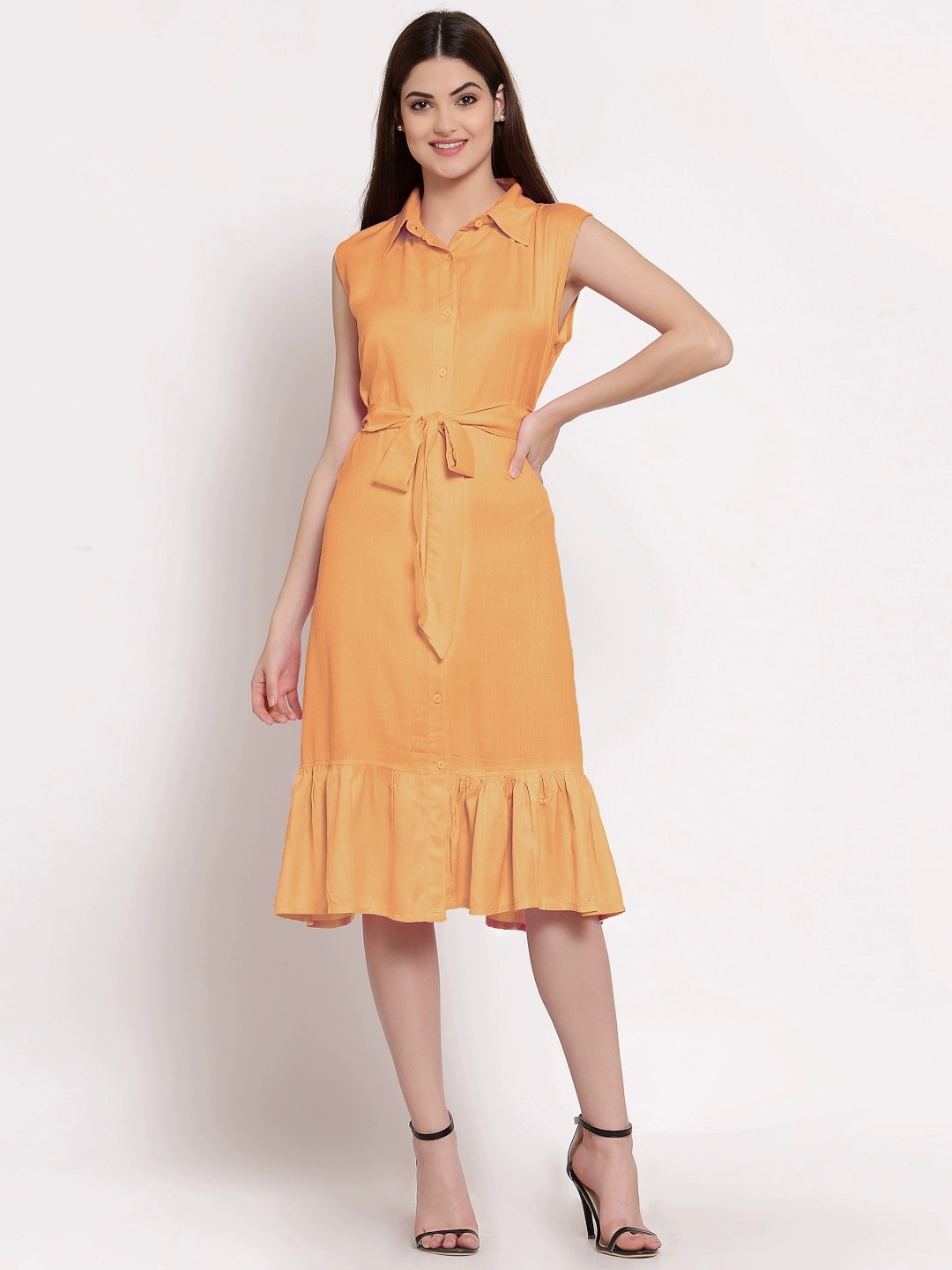 

PATRORNA Shirt Collar A-line Cotton Dress, Orange