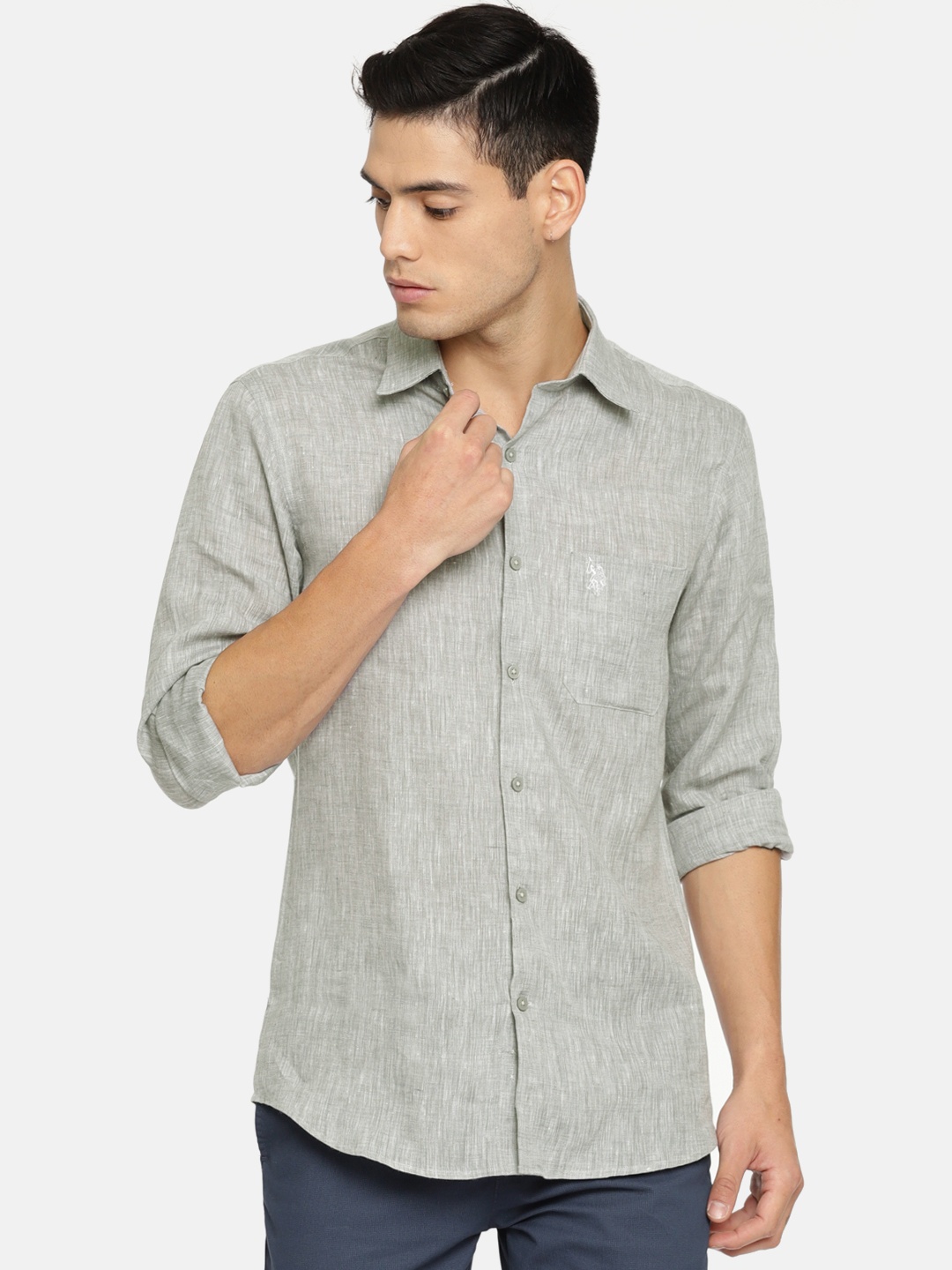 

U.S. Polo Assn. Men Grey Tailored Fit Solid Linen Casual Shirt