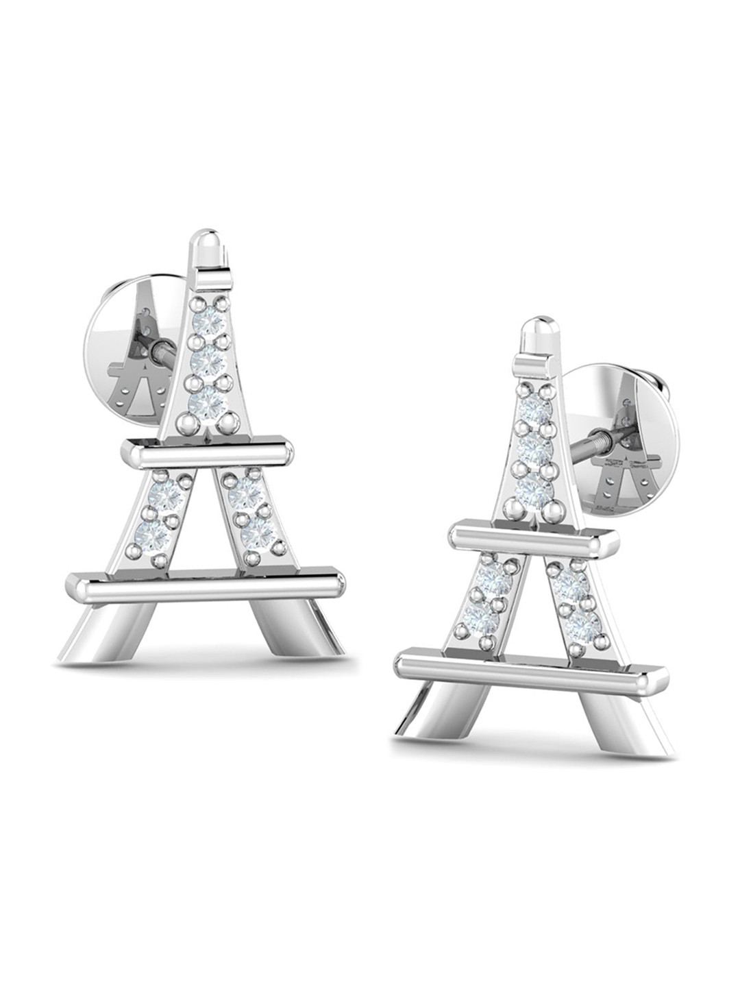 

KUBERBOX Eiffel Tower 18KT White Gold Diamond-Studded Stud Earrings- 2.13 gm, Silver