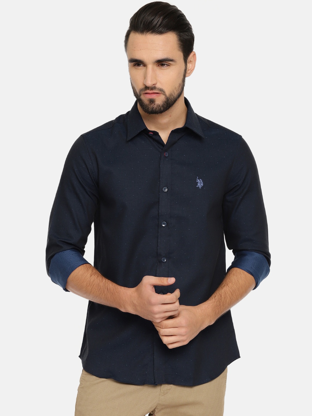 

U.S. Polo Assn. Men Navy Tailored Fit Self Design Casual Shirt, Navy blue