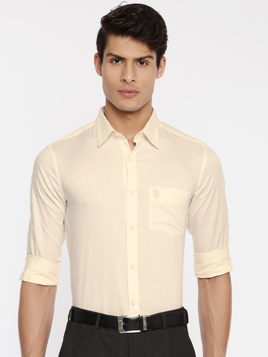 

U.S. Polo Assn. Men Cream-Coloured Tailored Fit Self Design Formal Shirt