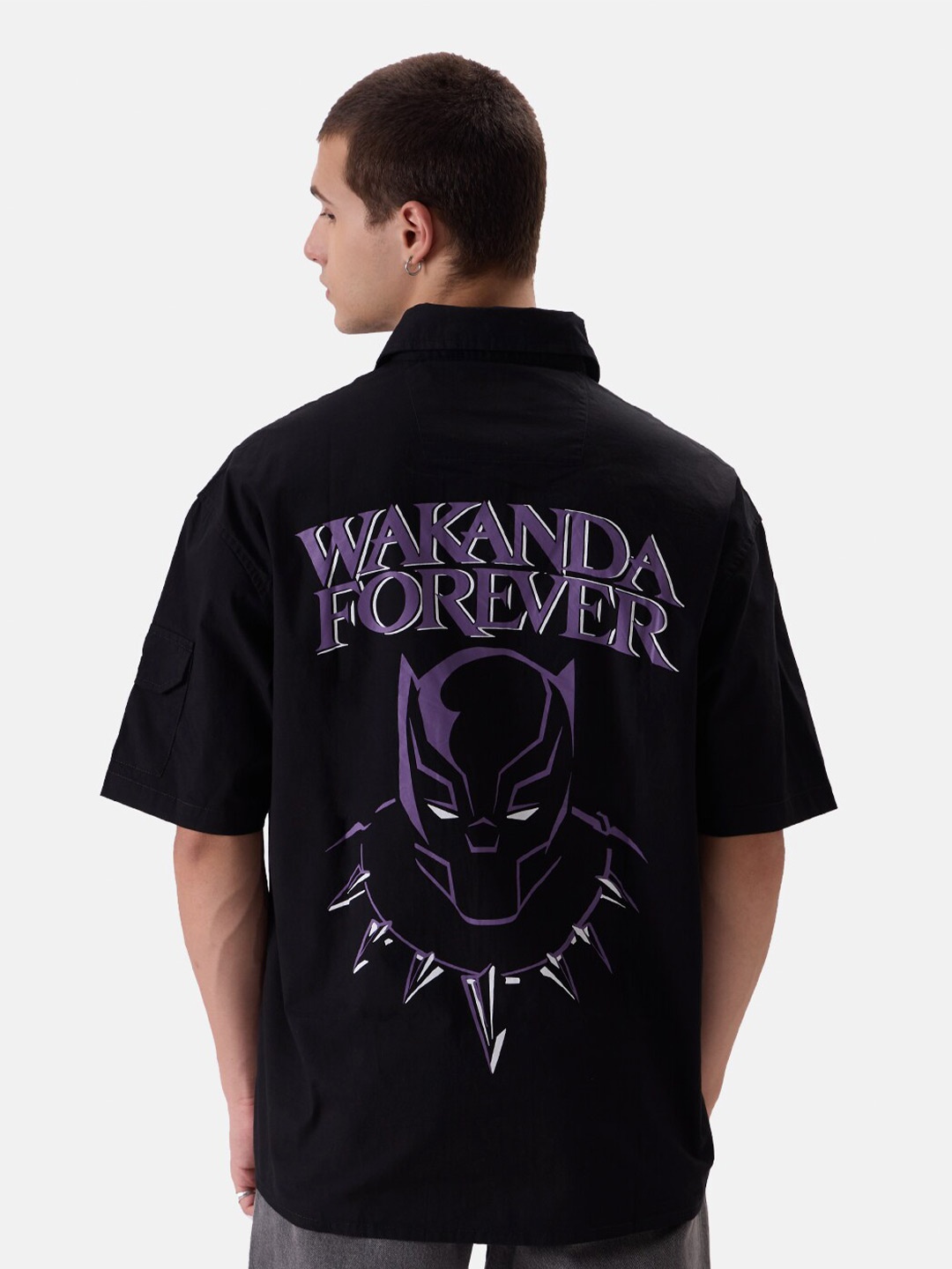 

The Souled Store Black Black Panther Printed Relaxed Boxy Opaque Casual Cotton Shirt