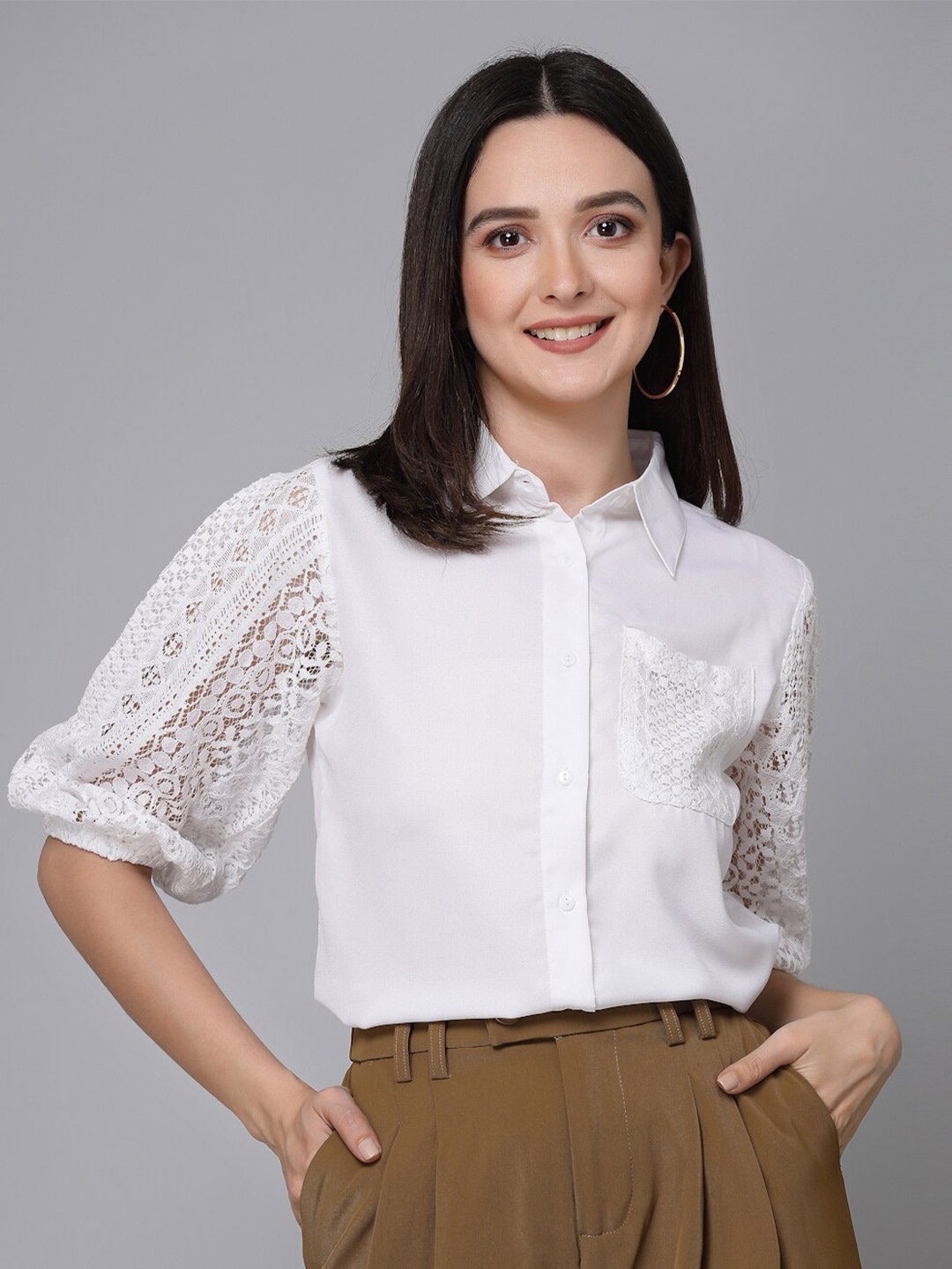 

Style Quotient White Smart Self-Design Schiffli Puff Sleeves Formal Shirt