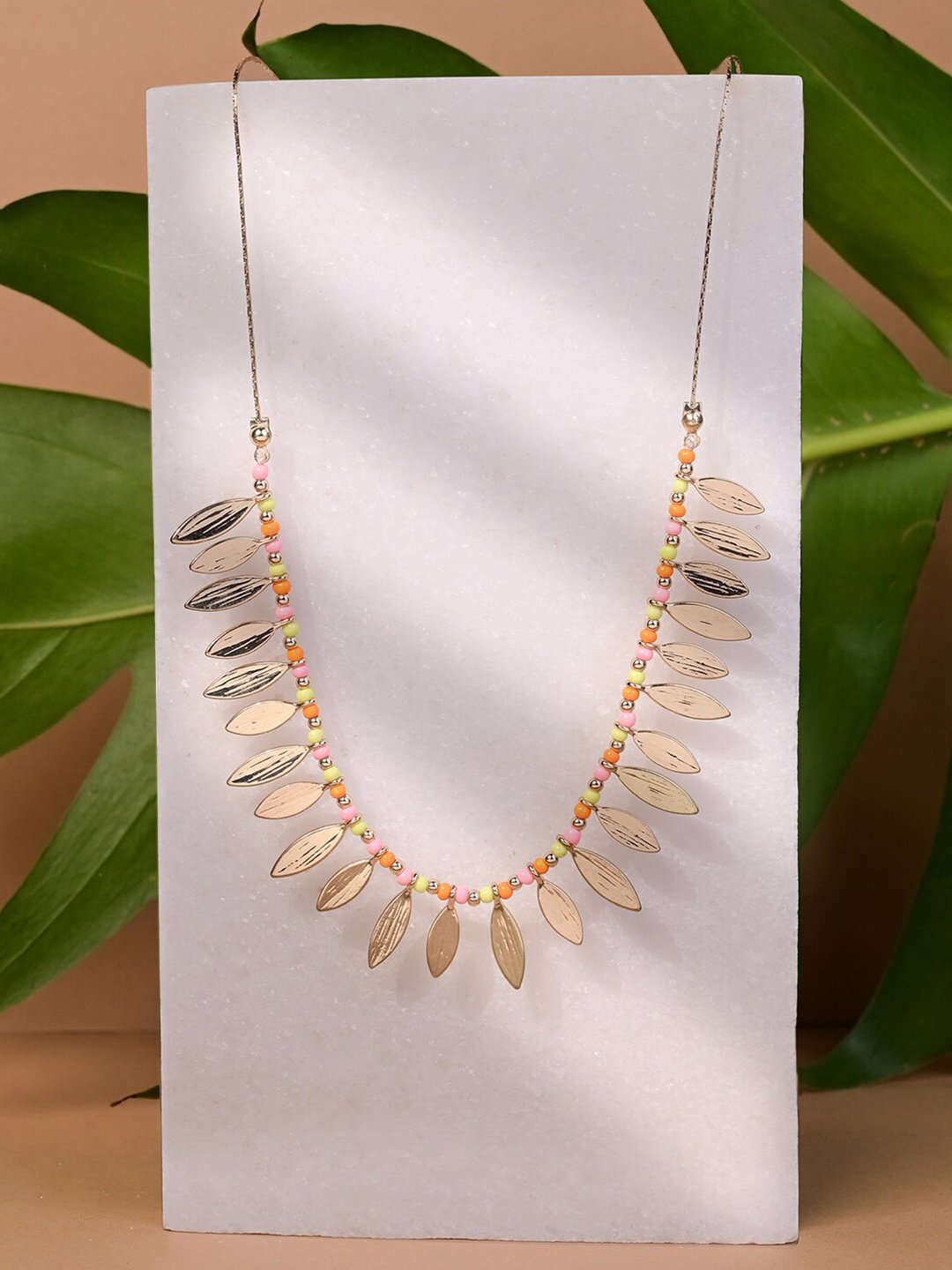 

Accessorize Leaf Shaped Bead-Studded Brushed Leaf Collar Necklace, Gold