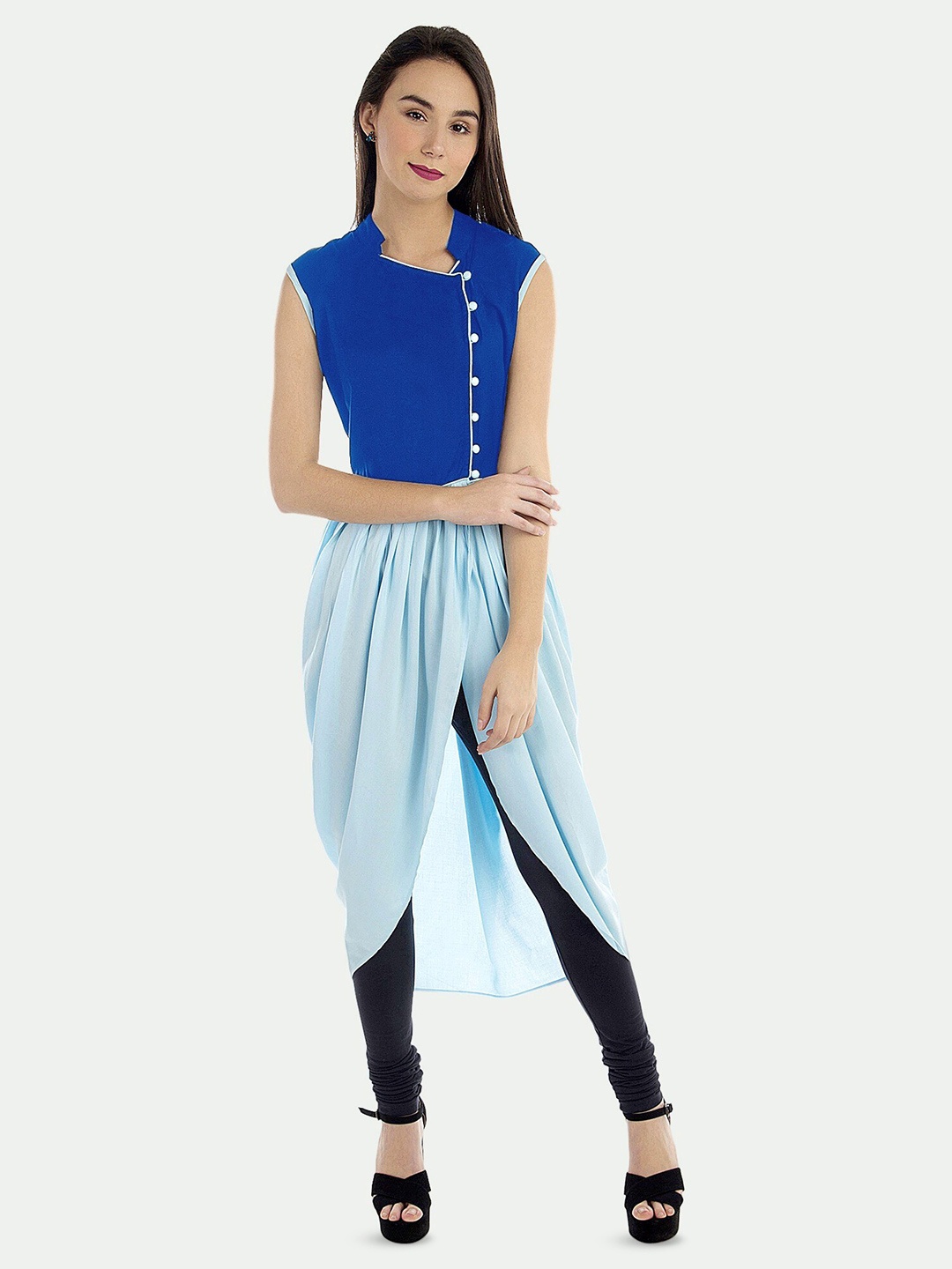 

PATRORNA Mandarin Collar Sleeveless Fusion Kurta, Blue