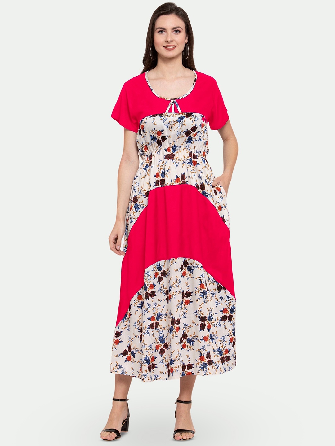 

PATRORNA Floral Printed Pure Cotton A-Line Midi Dress, Pink