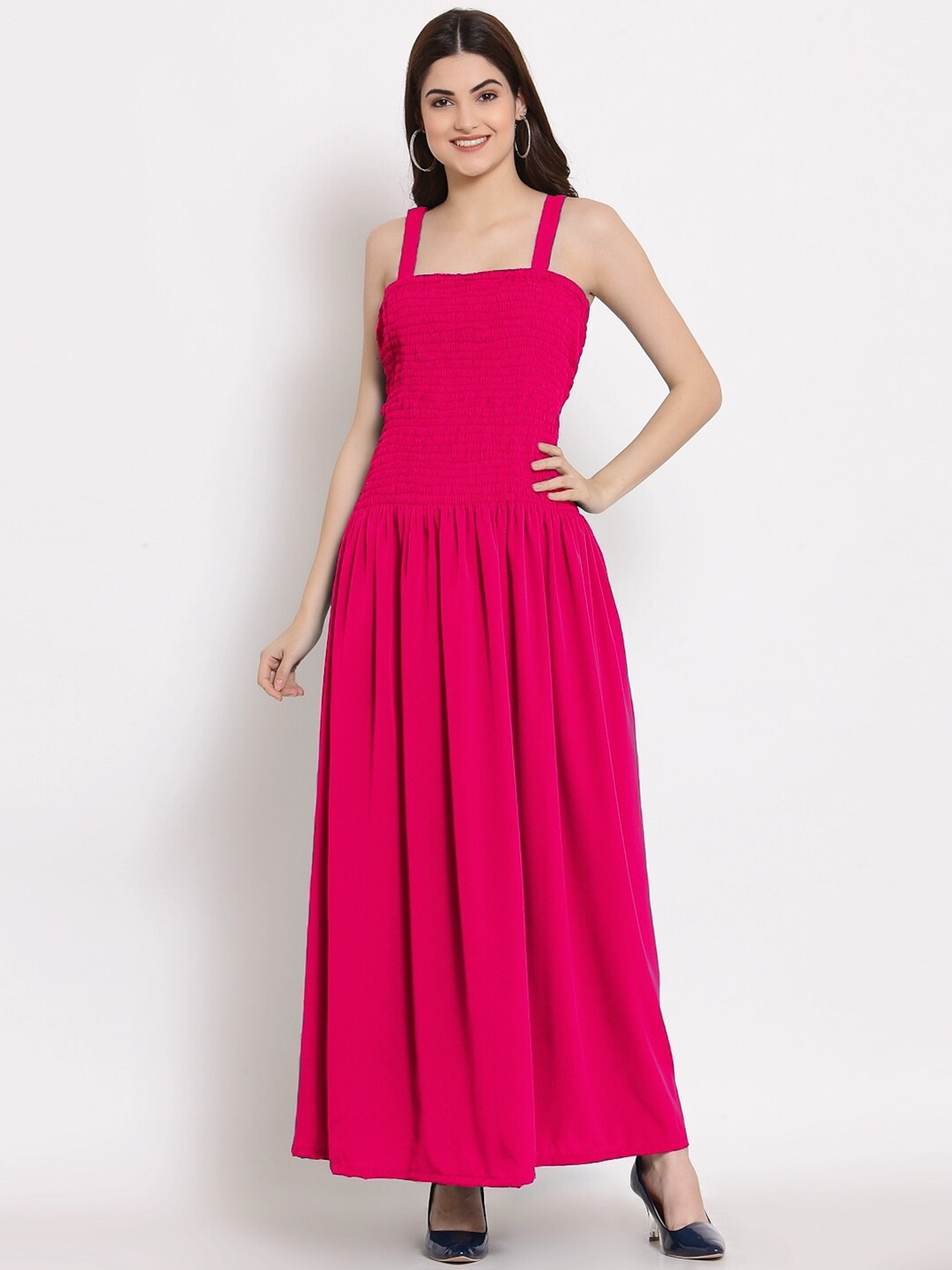 

PATRORNA Shoulder Straps Smocked Pure Cotton Fit & Flare Maxi Dress, Pink