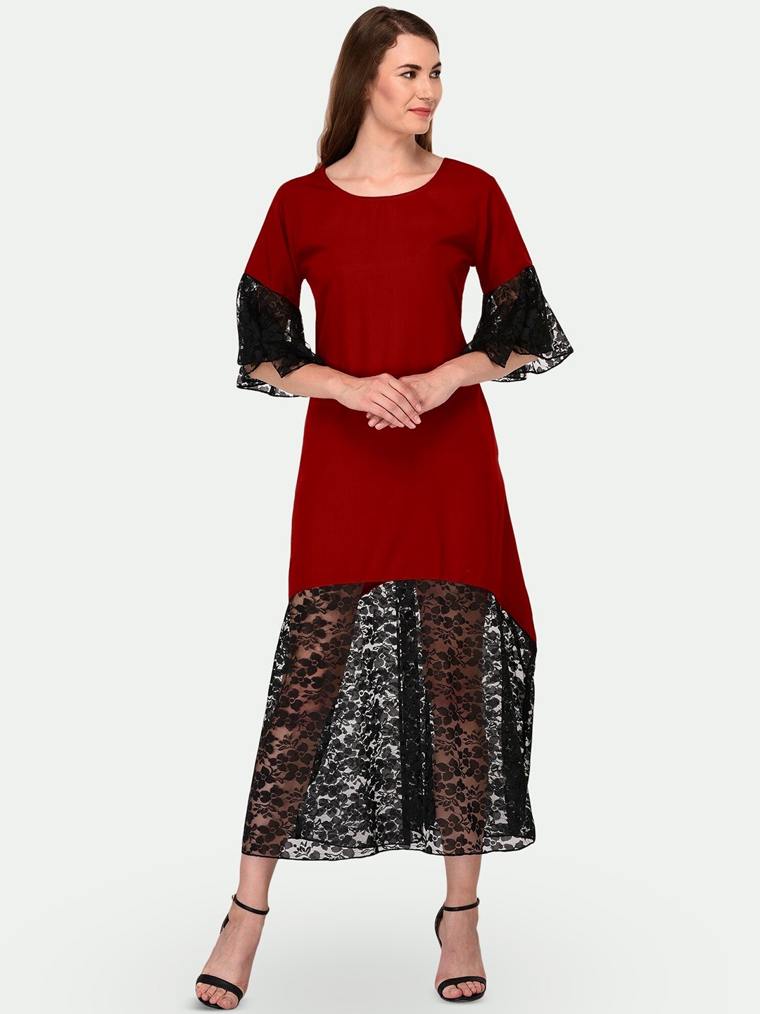 

PATRORNA Self Design A-Line Cotton Midi Dress, Maroon