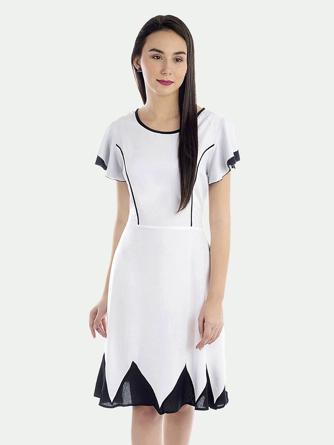 

PATRORNA Flutter Sleeved Cotton Fit & Flare Dress, White