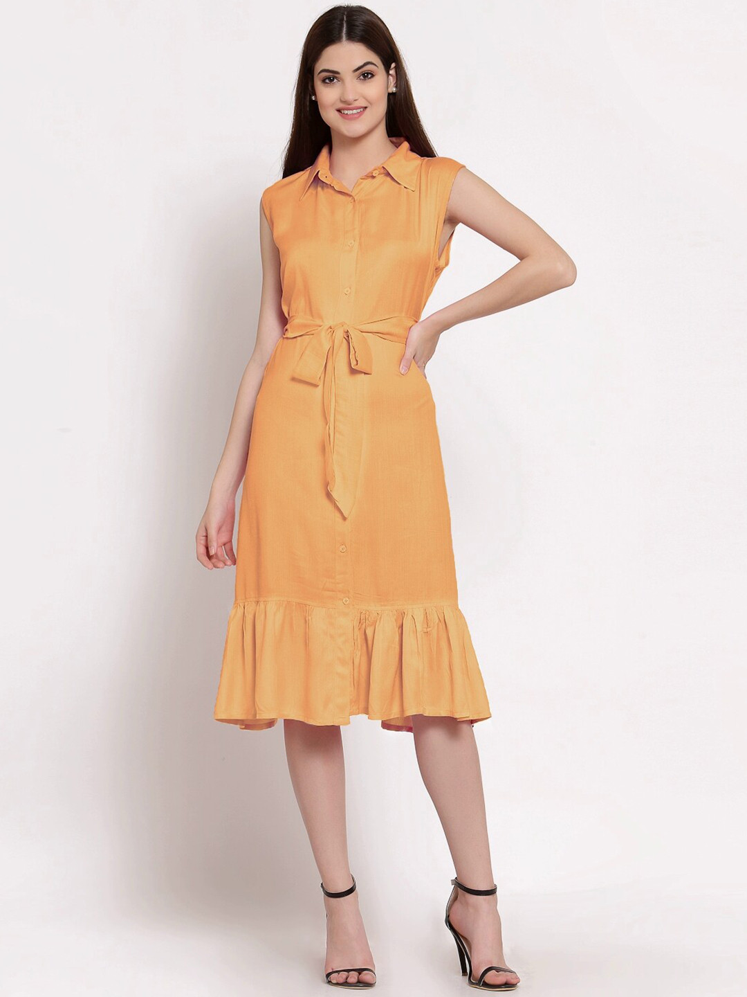 

PATRORNA Sleeveless Shirt Style Midi Dress, Orange