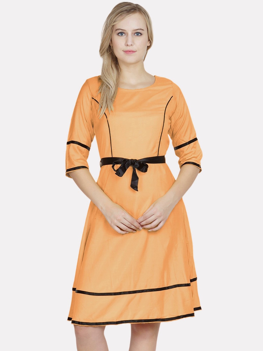 

PATRORNA Round Neck A-Line Cotton Dress, Orange