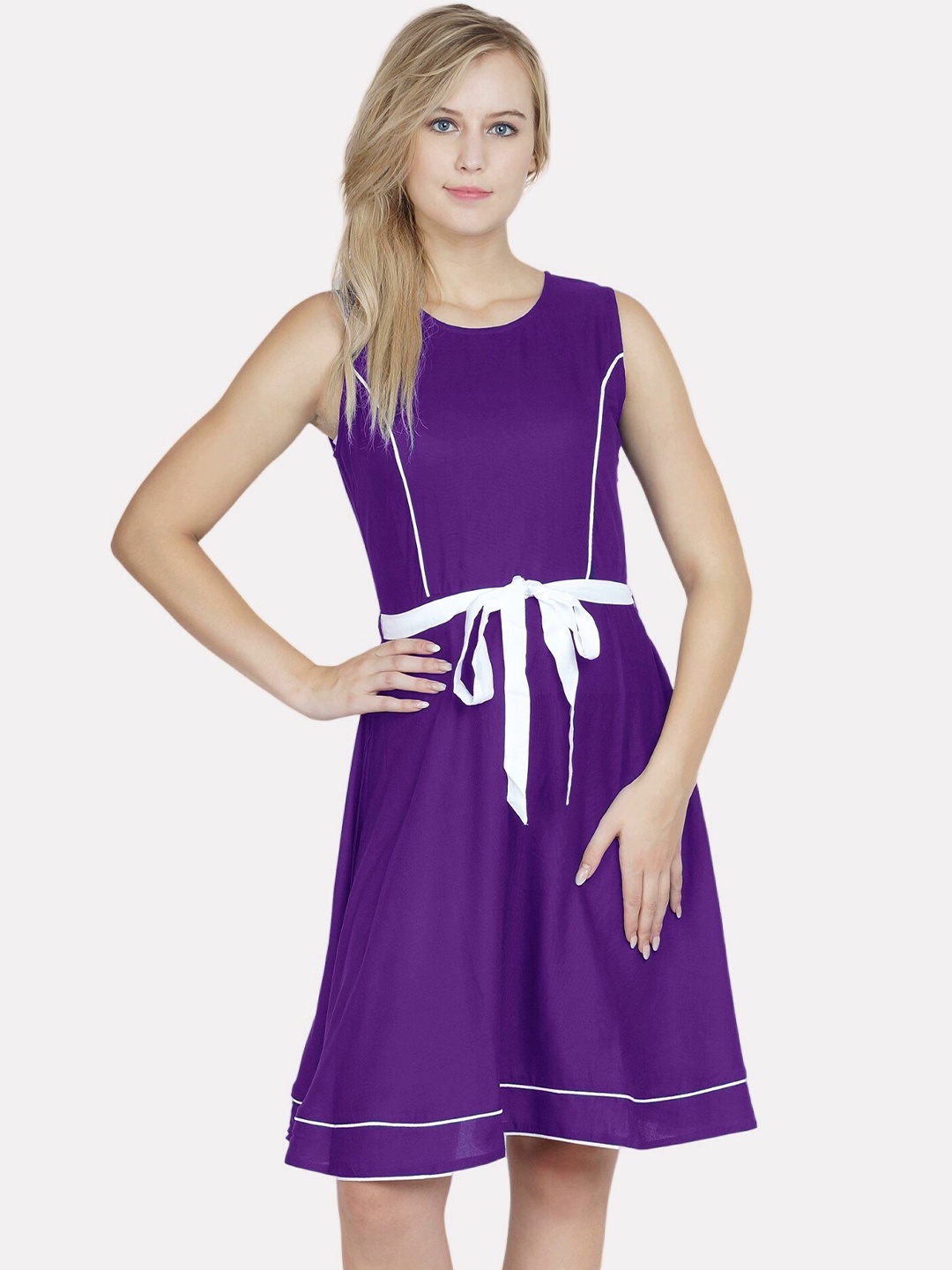 

PATRORNA Sleeveless Cotton A-Line Dress, Purple