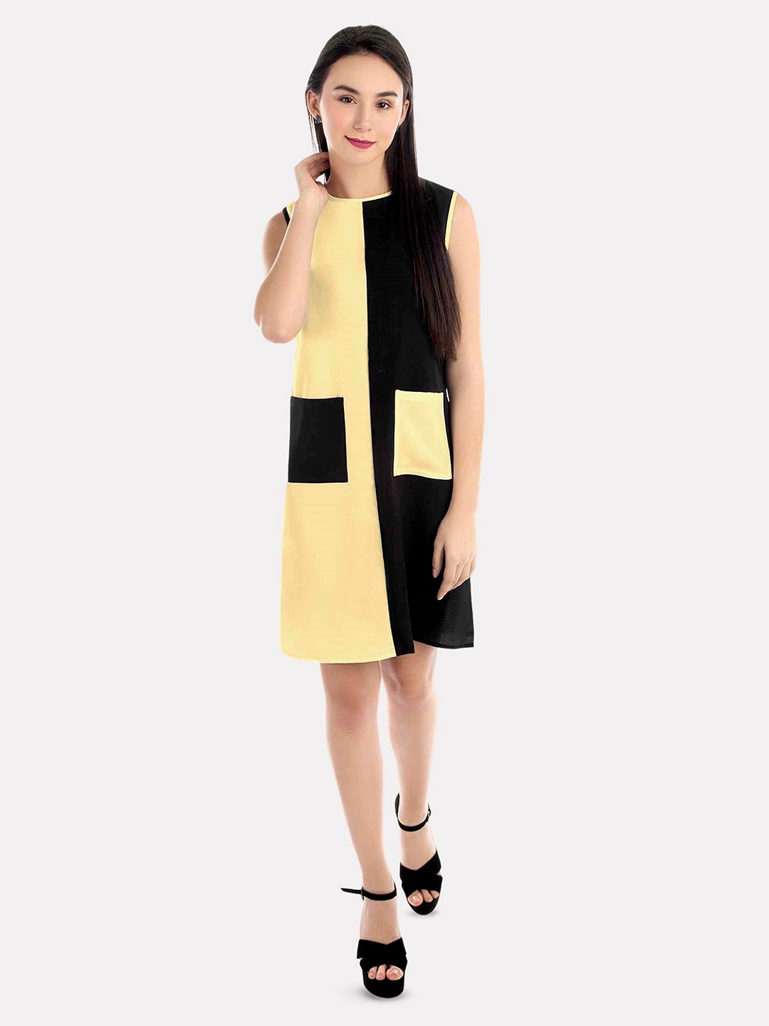 

PATRORNA Colourblocked Round Neck Pure Cotton Sheath Dress, Gold