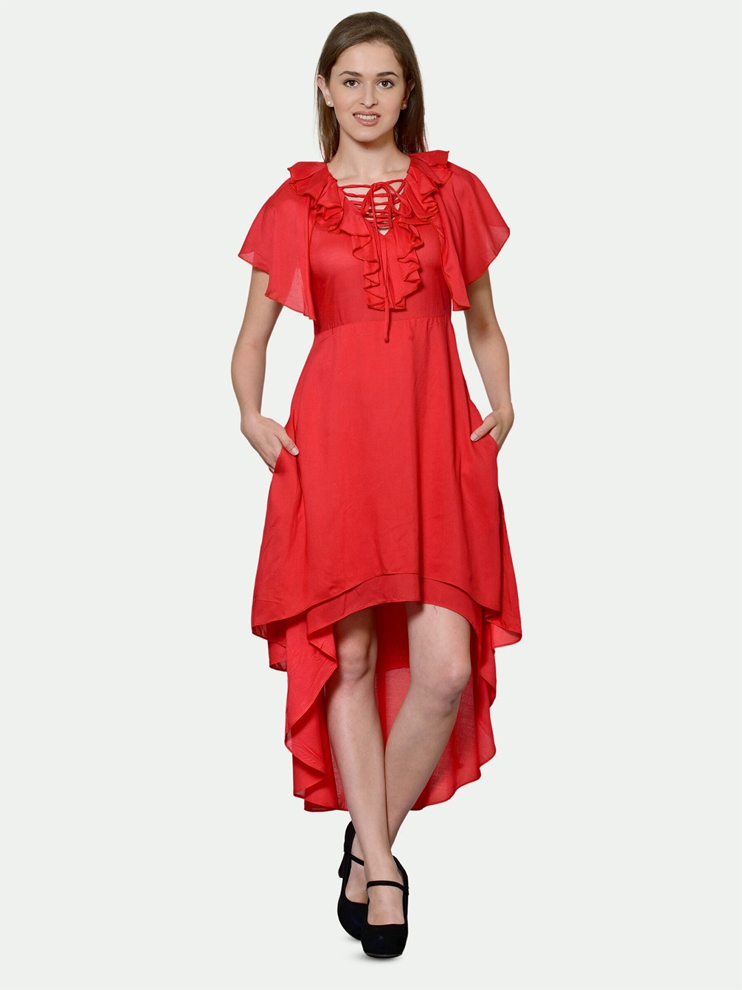 

PATRORNA Tie-Up Neck Flutter Sleeve Fit & Flare Dress, Red
