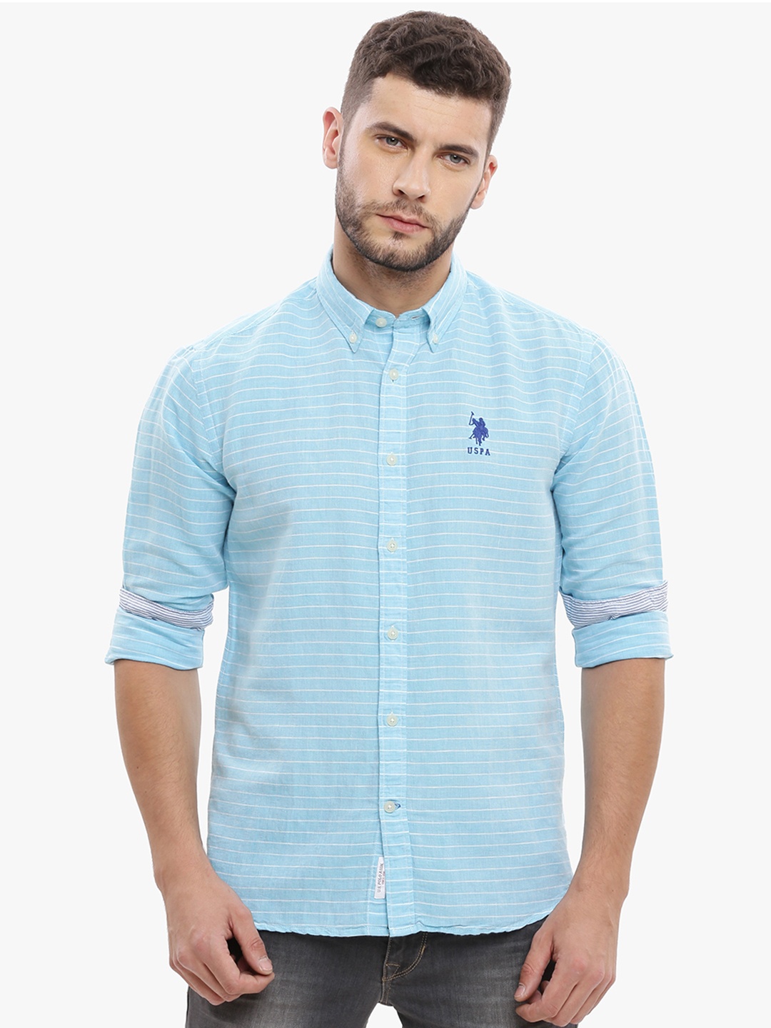 

U.S. Polo Assn. Men Blue & White Tailored Fit Striped Casual Shirt