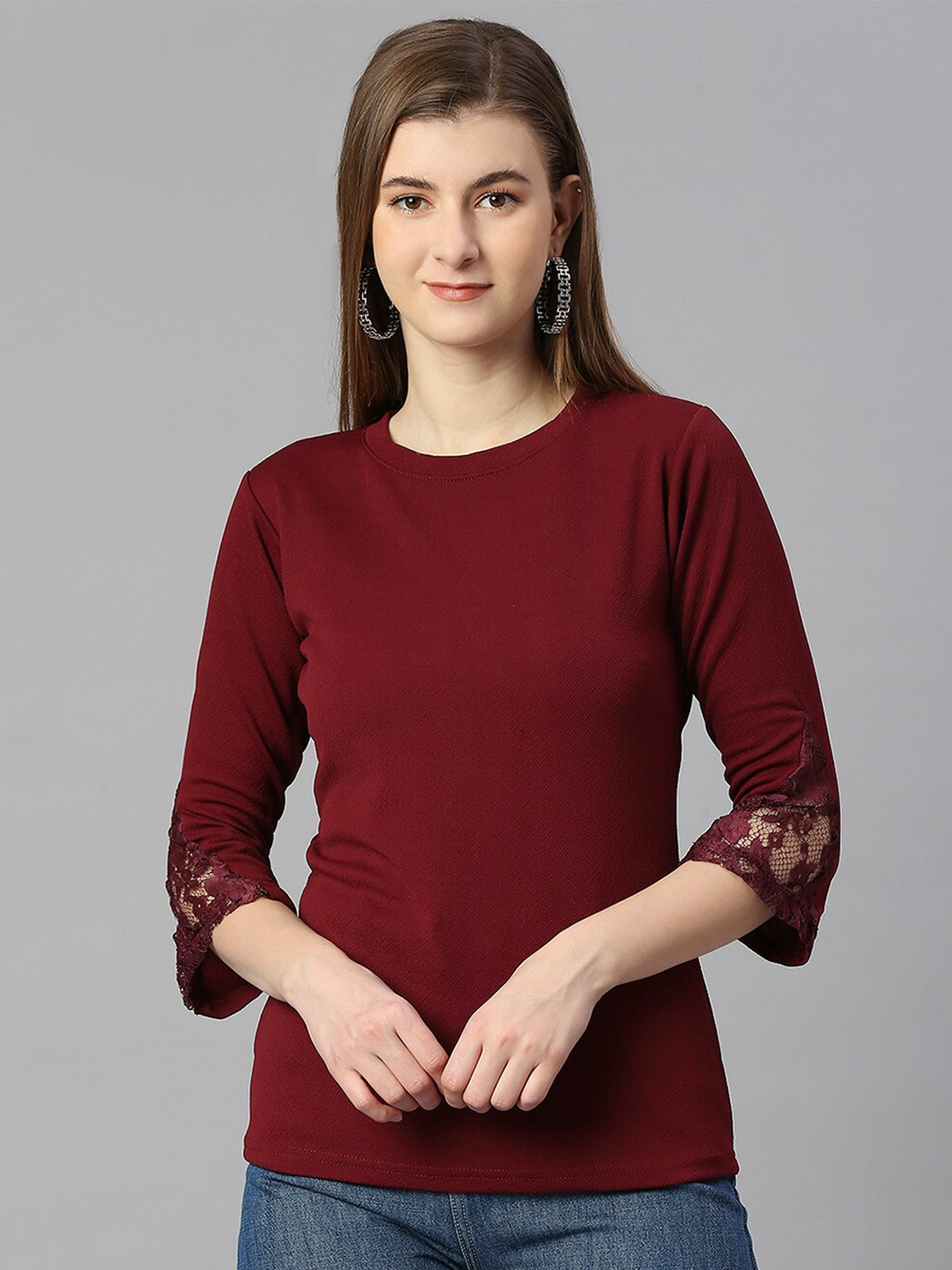 

Paramparik Textile Round Neck Cotton Lycra Top, Maroon