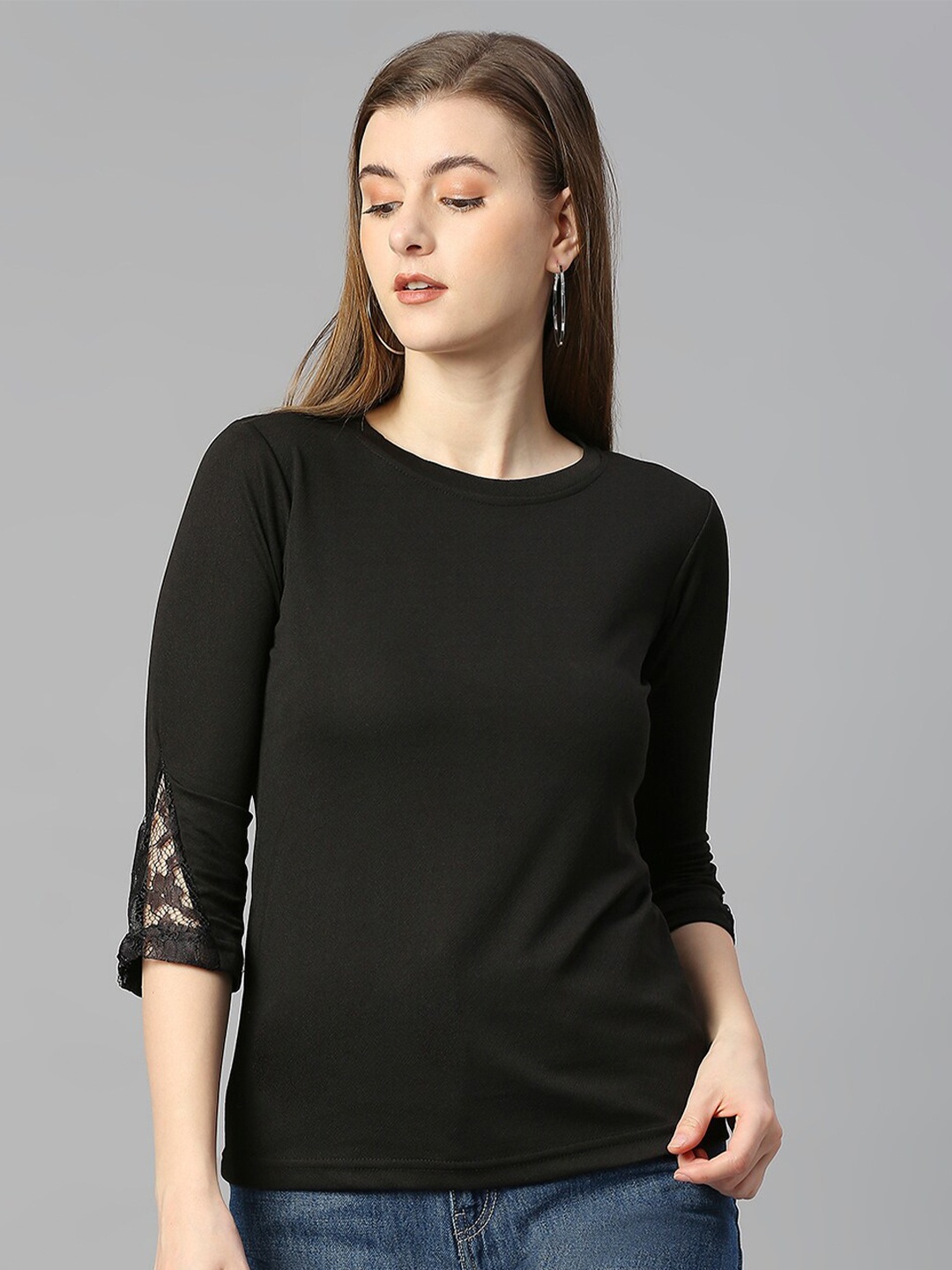 

Paramparik Textile Lace Inserts Detail Round Neck Regular Top, Black