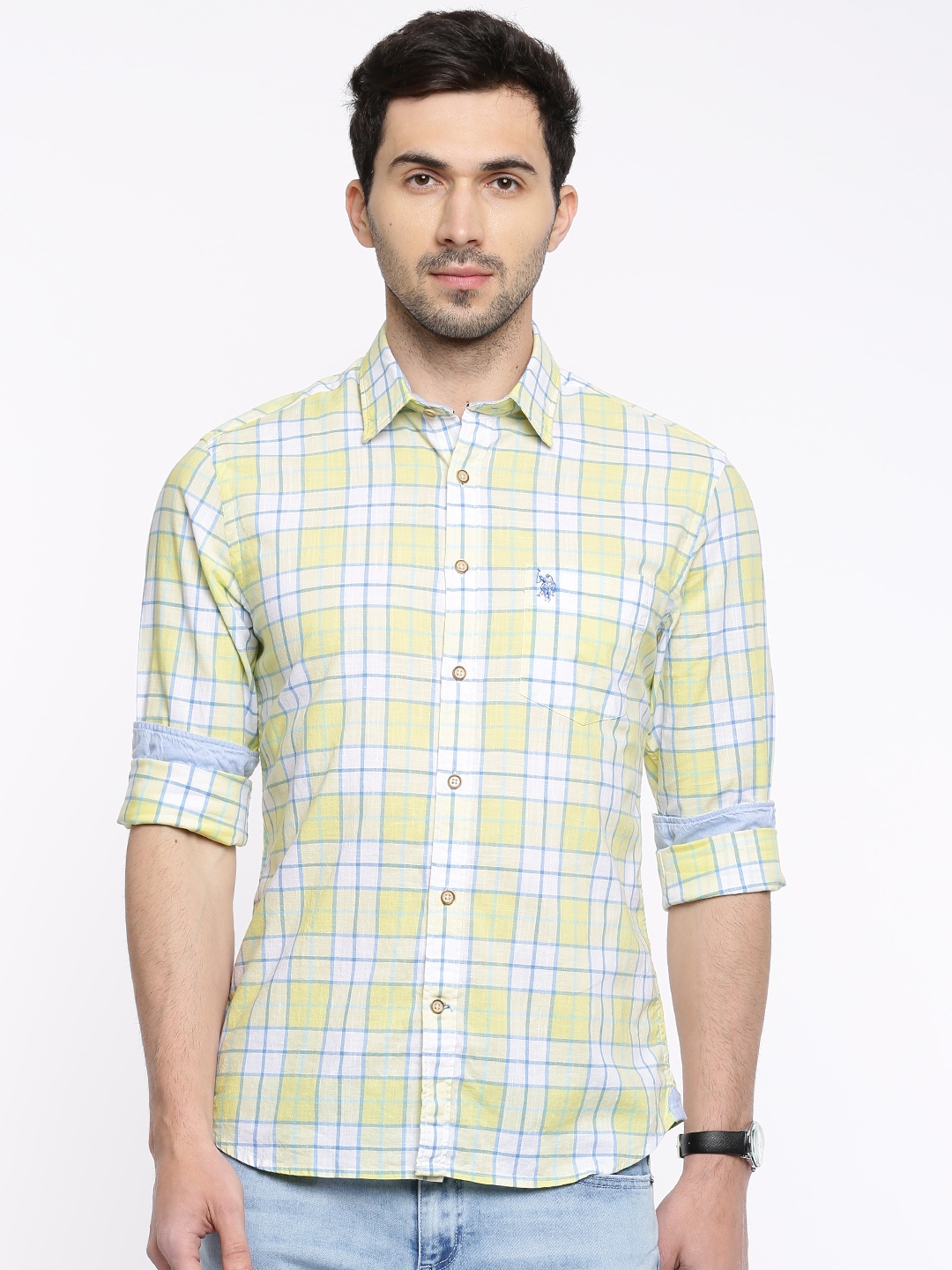 

U.S. Polo Assn. Men White & Yellow Tailored Fit Checked Casual Shirt