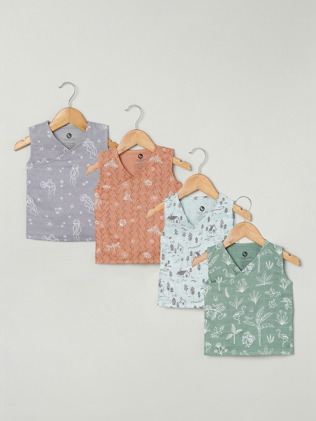 

cocoon care Infants Pack Of 4 Printed Jhabla Vests, Grey