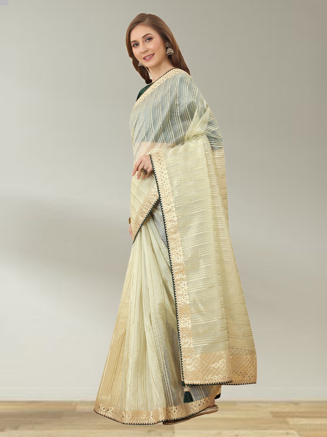 

N N ENTERPRISE Striped Embroidered Net Saree, Cream
