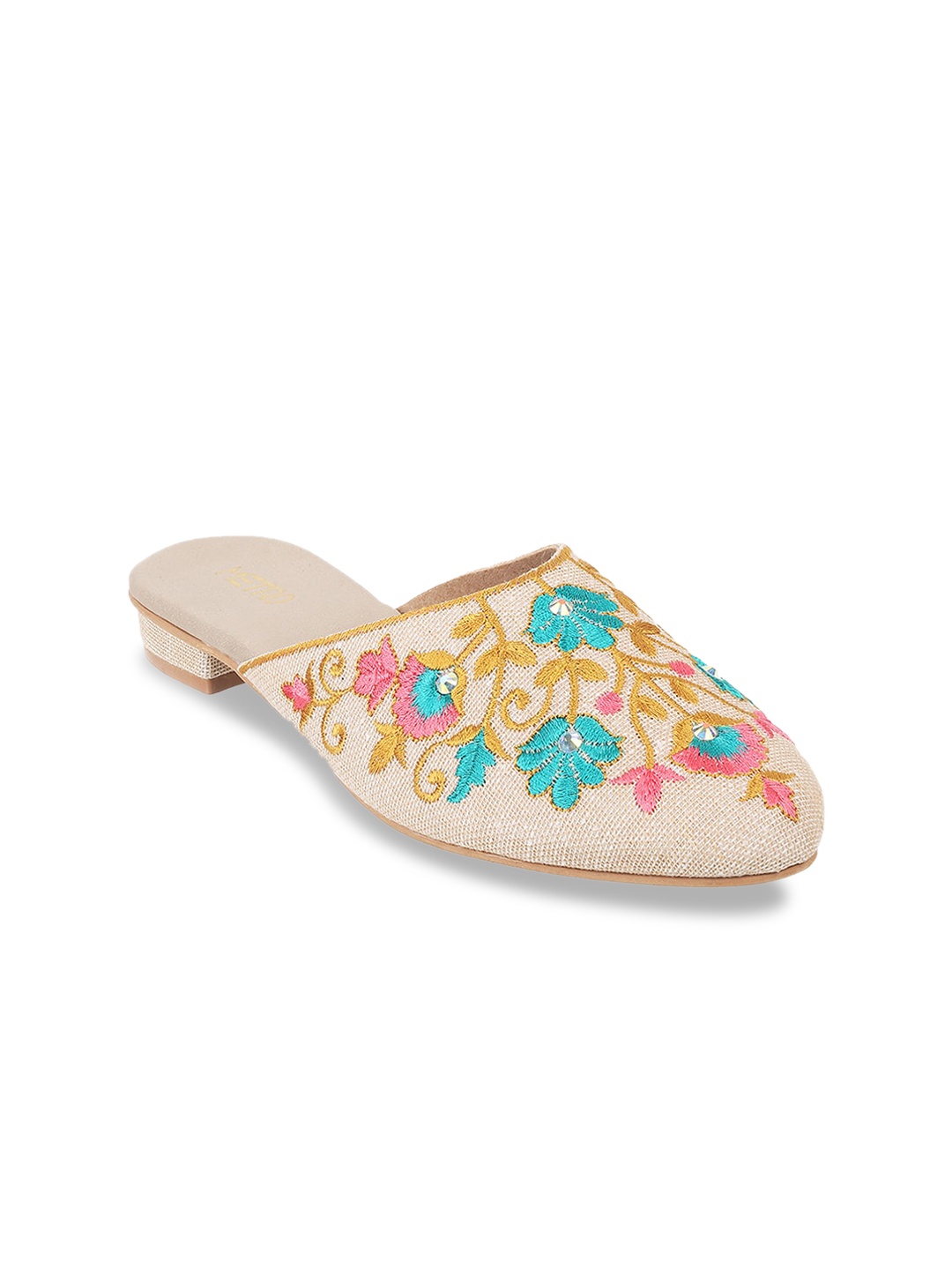 

Metro Floral Embellished Embroidered Mules, Beige