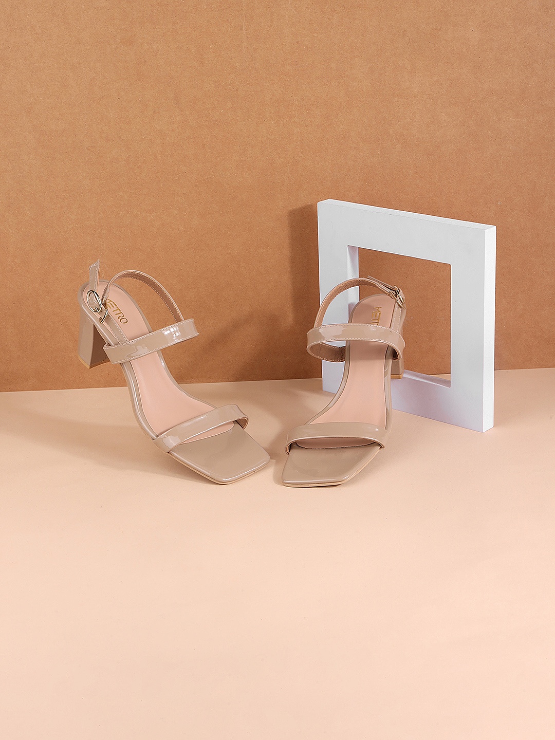 

Metro Open Toe Block Heels With Backstrap, Beige